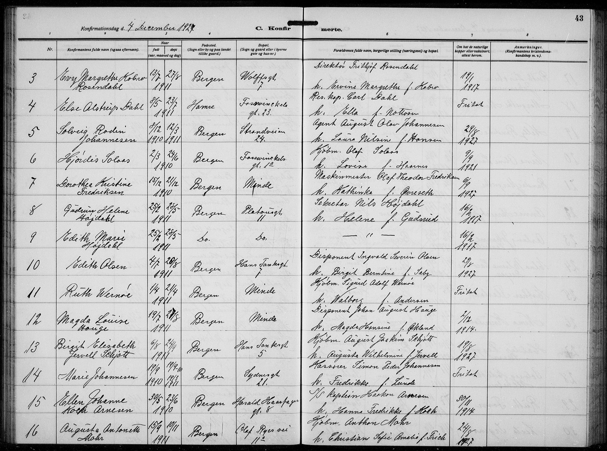 Johanneskirken sokneprestembete, AV/SAB-A-76001/H/Hab: Parish register (copy) no. B  3, 1925-1935, p. 42b-43a