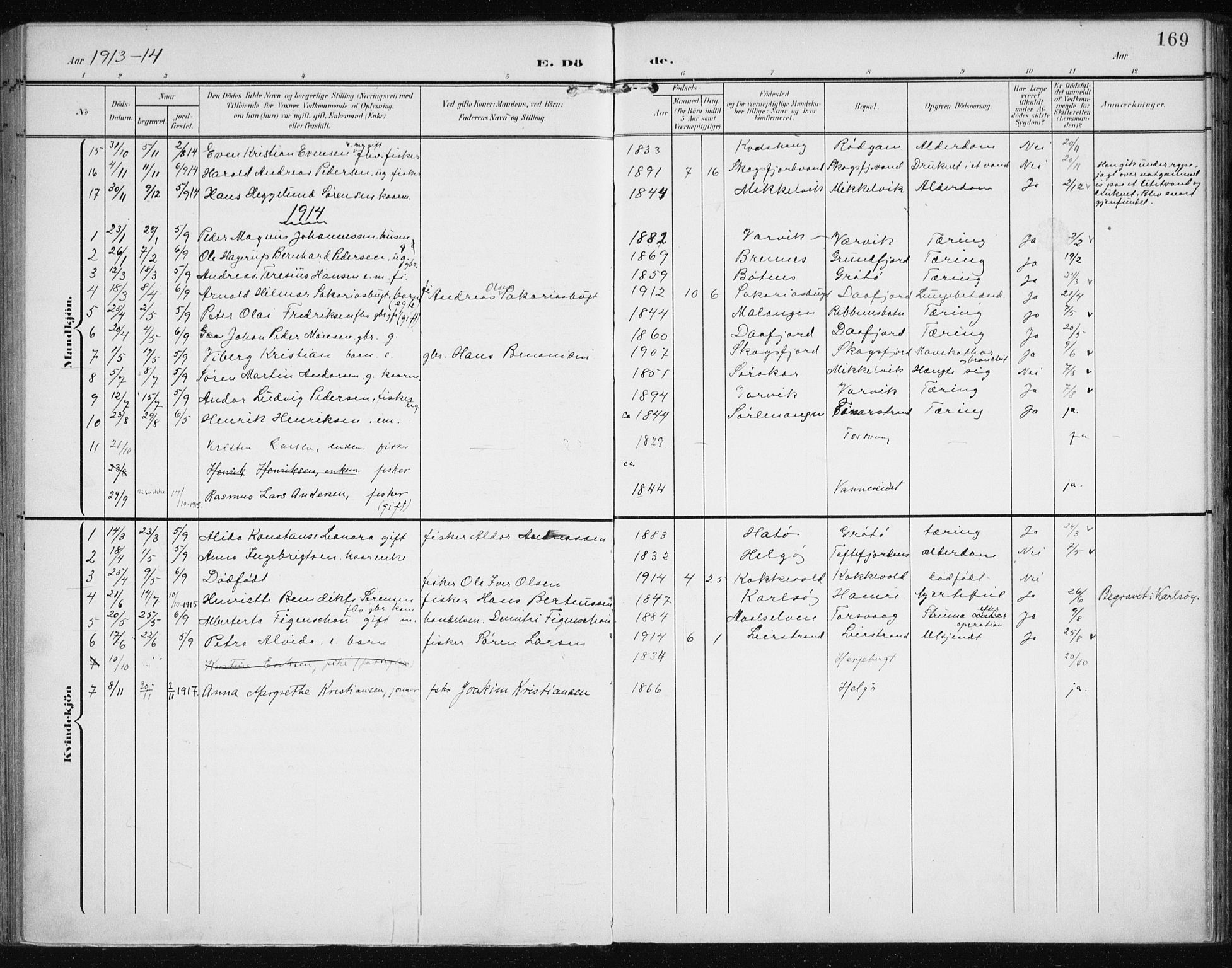 Karlsøy sokneprestembete, SATØ/S-1299/H/Ha/Haa/L0013kirke: Parish register (official) no. 13, 1902-1916, p. 169