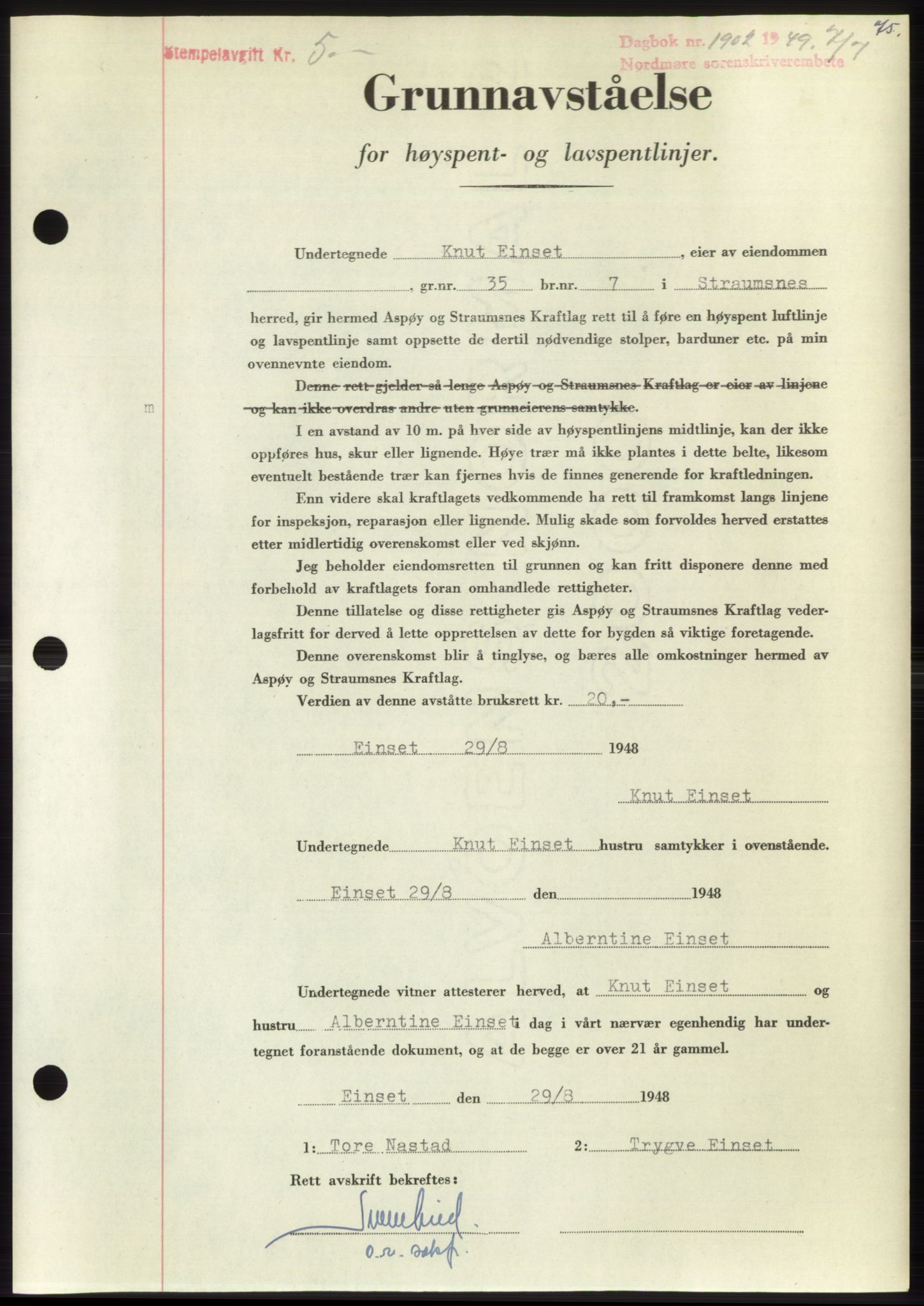 Nordmøre sorenskriveri, AV/SAT-A-4132/1/2/2Ca: Mortgage book no. B102, 1949-1949, Diary no: : 1902/1949