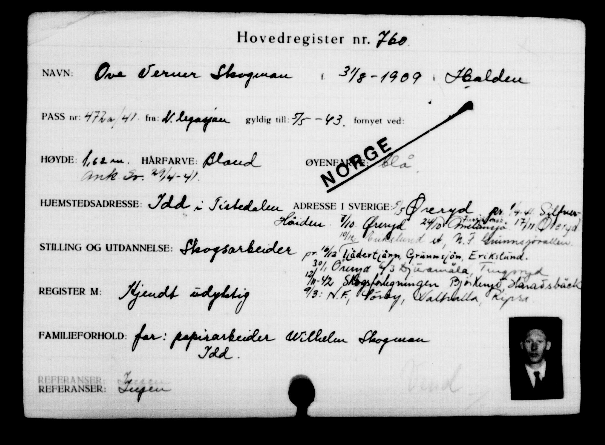 Utenriksstasjonene, Legasjonen i Stockholm, Flyktningkontoret, AV/RA-S-6753/V/Va/L0001: Kjesäterkartoteket, flyktninger med registreringsnr. 1-1000, 1940-1945, p. 1199