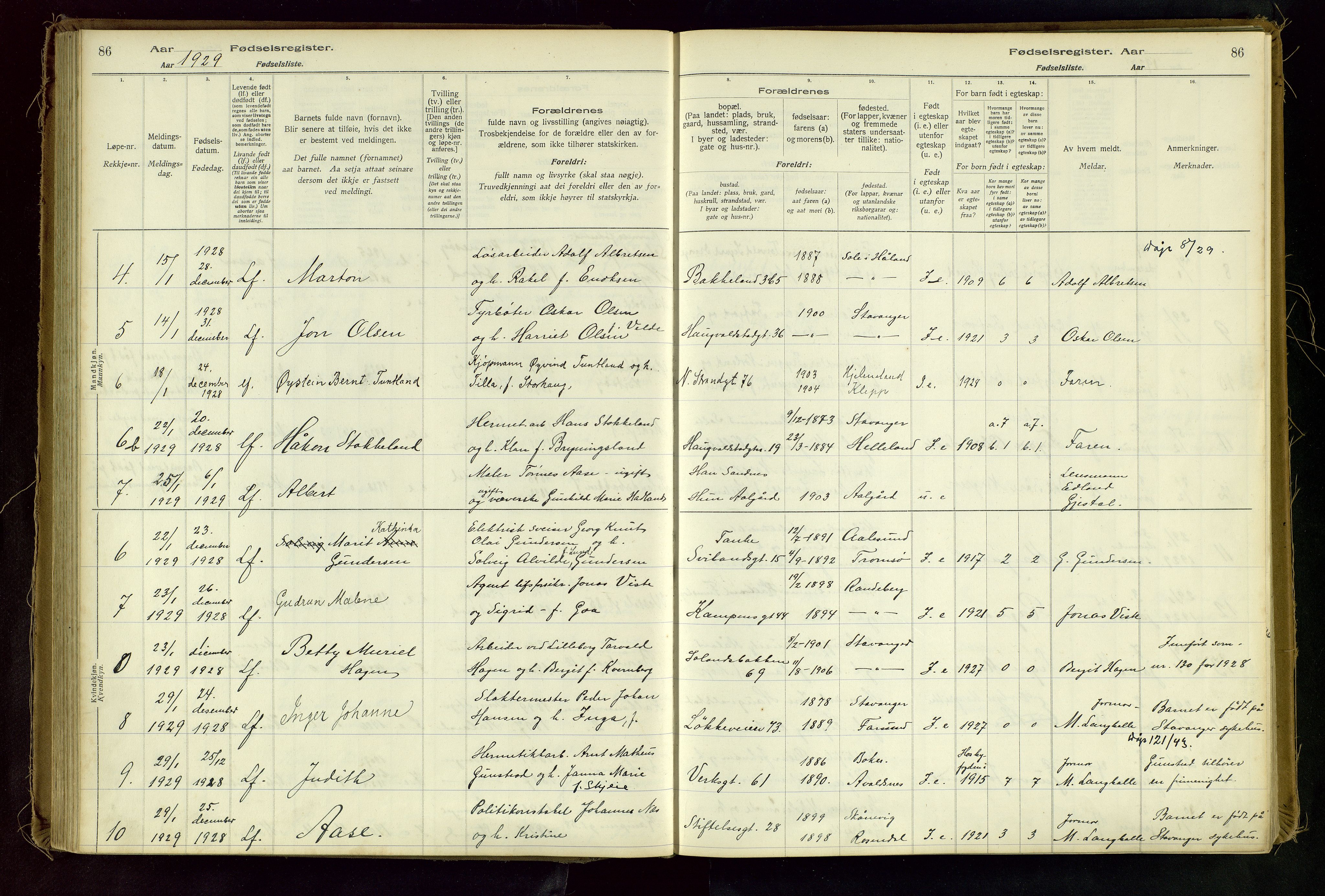 Domkirken sokneprestkontor, AV/SAST-A-101812/002/A/L0001: Birth register no. 1, 1925-1932, p. 86