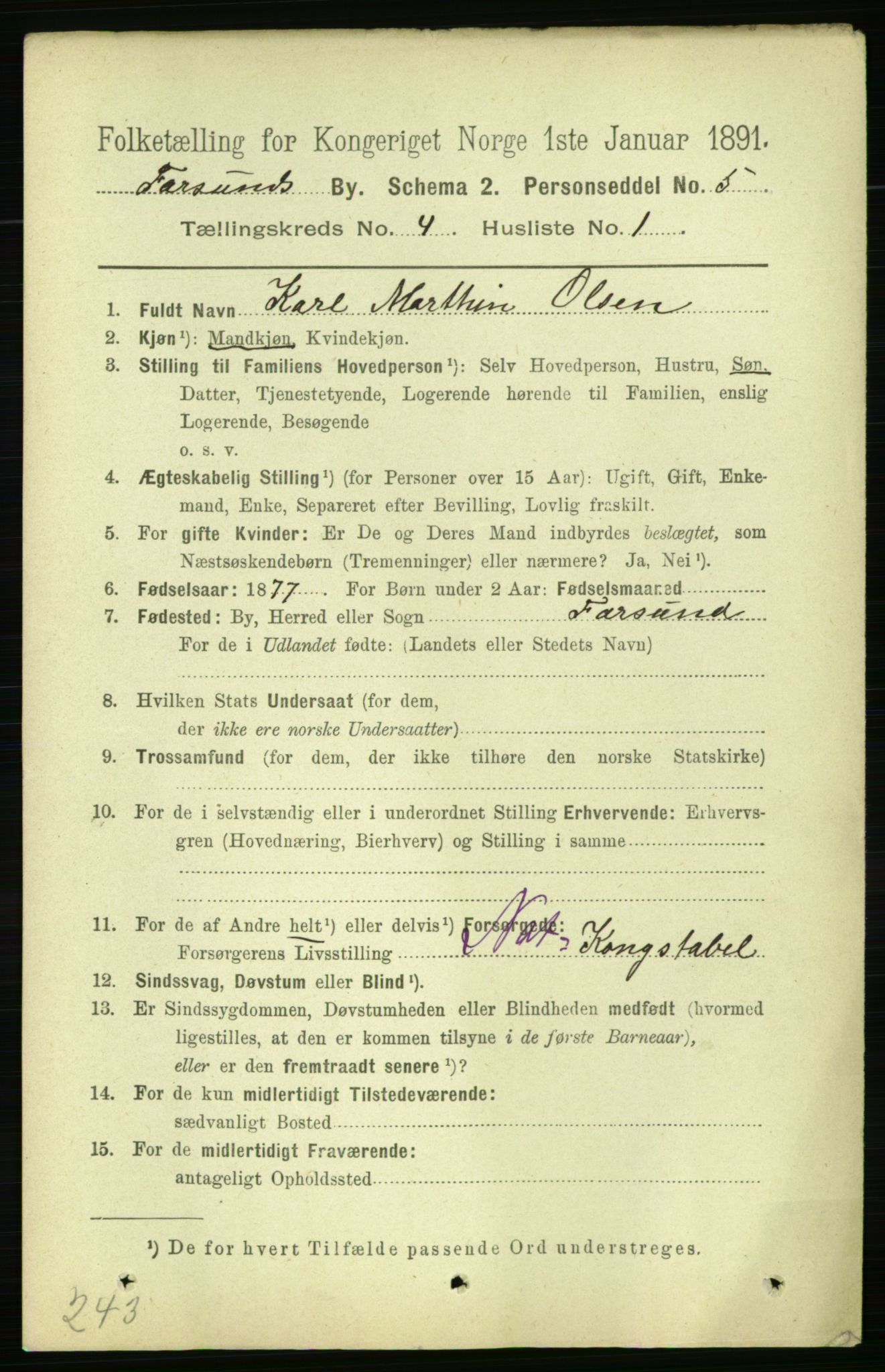 RA, 1891 census for 1003 Farsund, 1891, p. 1651