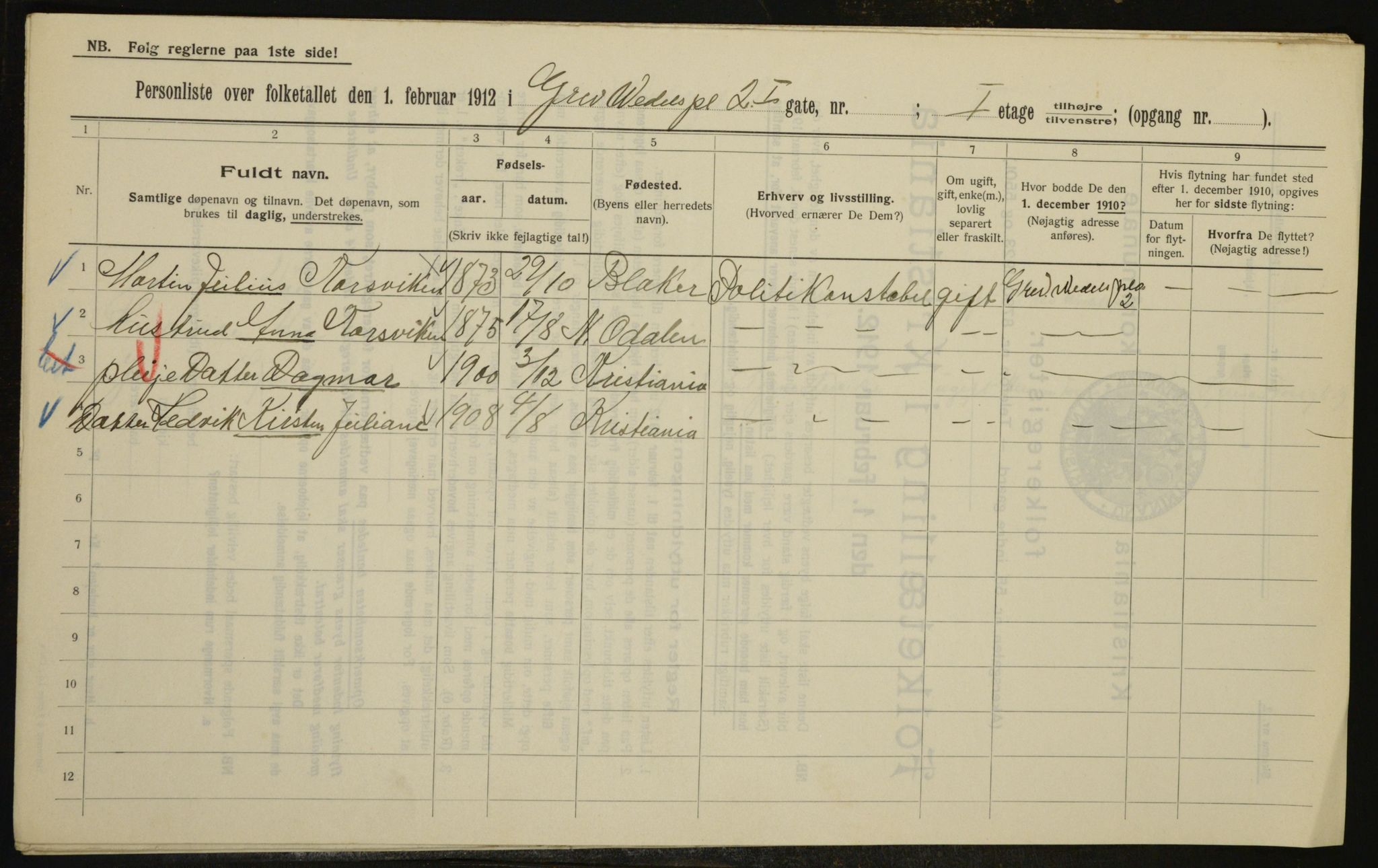 OBA, Municipal Census 1912 for Kristiania, 1912, p. 29696