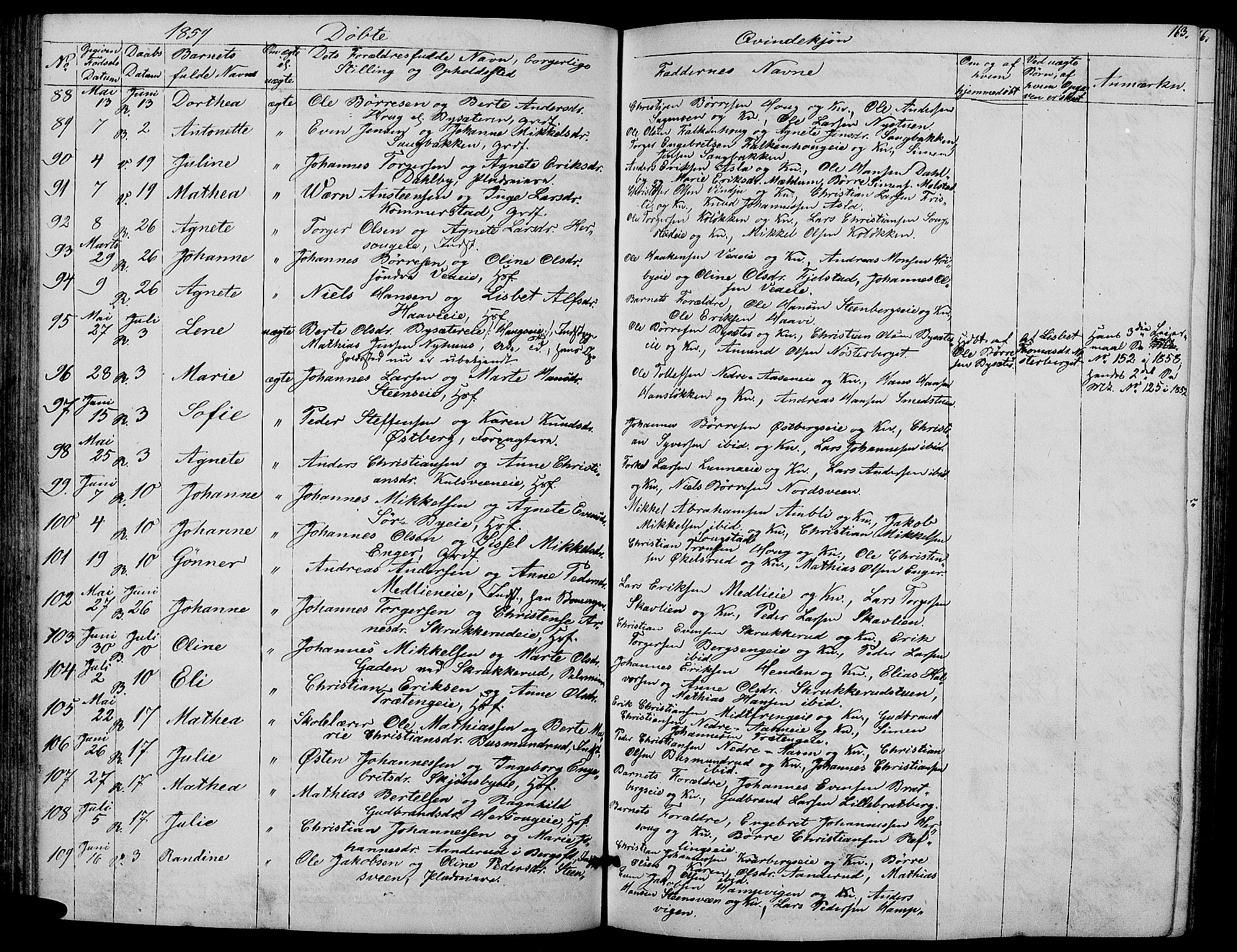 Ringsaker prestekontor, AV/SAH-PREST-014/L/La/L0006: Parish register (copy) no. 6, 1851-1860, p. 163