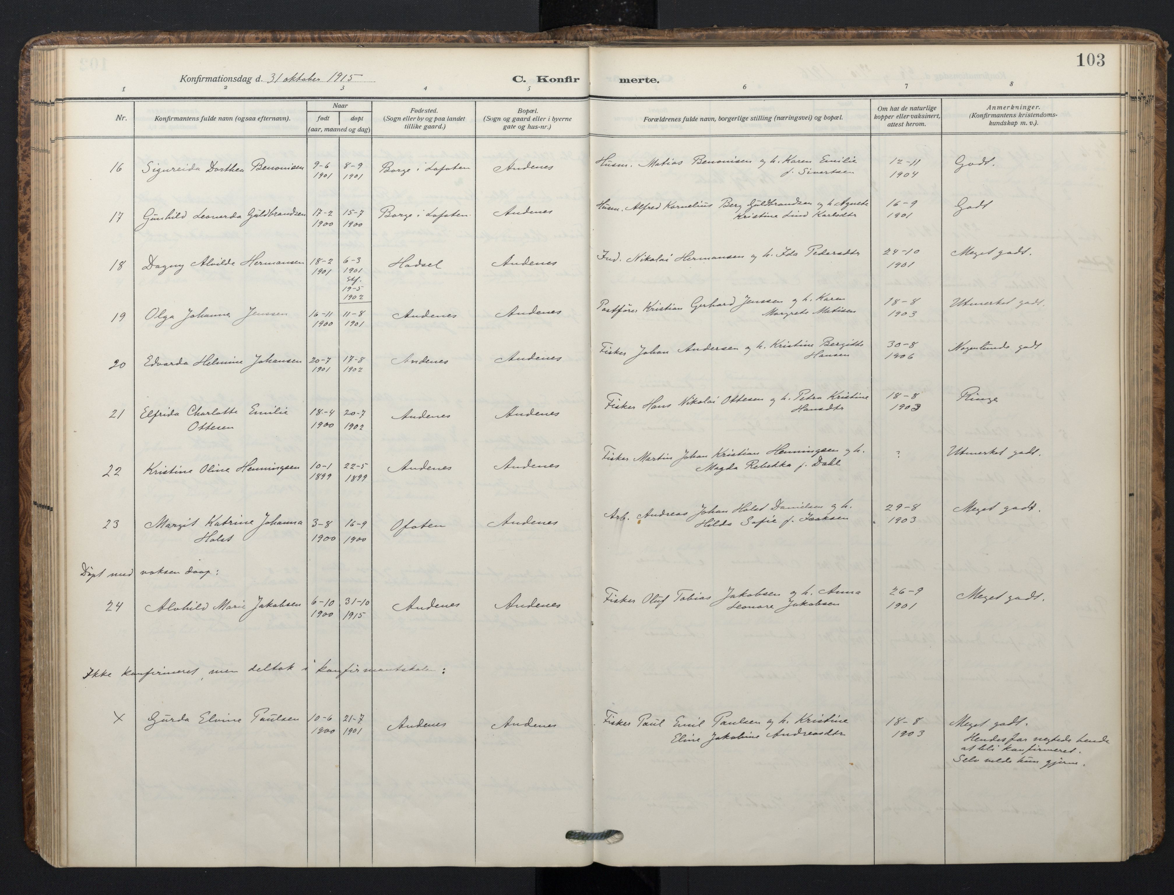 Ministerialprotokoller, klokkerbøker og fødselsregistre - Nordland, SAT/A-1459/899/L1438: Parish register (official) no. 899A06, 1909-1922, p. 103
