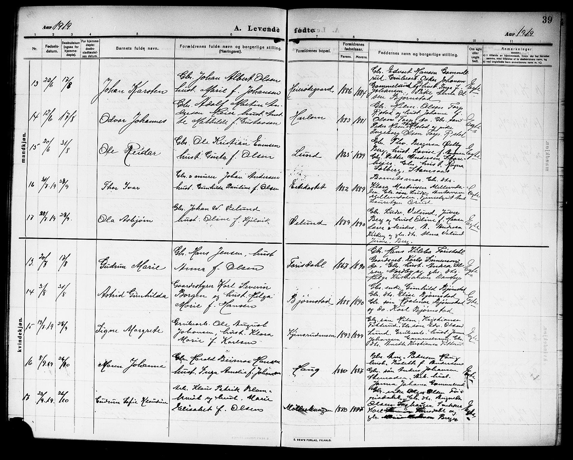 Rakkestad prestekontor Kirkebøker, AV/SAO-A-2008/G/Gb/L0002: Parish register (copy) no. II 2, 1909-1920, p. 39
