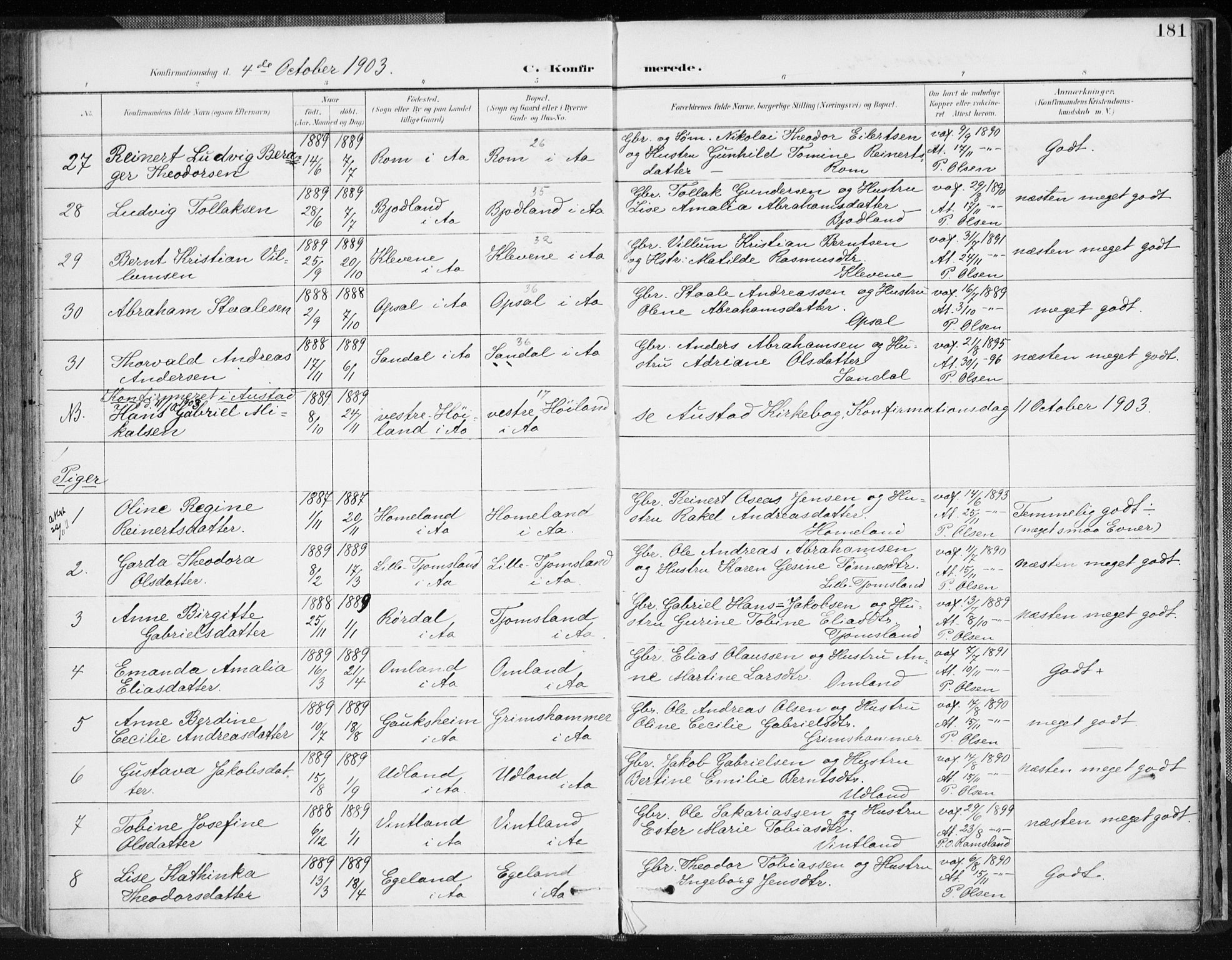 Lyngdal sokneprestkontor, AV/SAK-1111-0029/F/Fa/Fac/L0012: Parish register (official) no. A 12, 1894-1918, p. 181