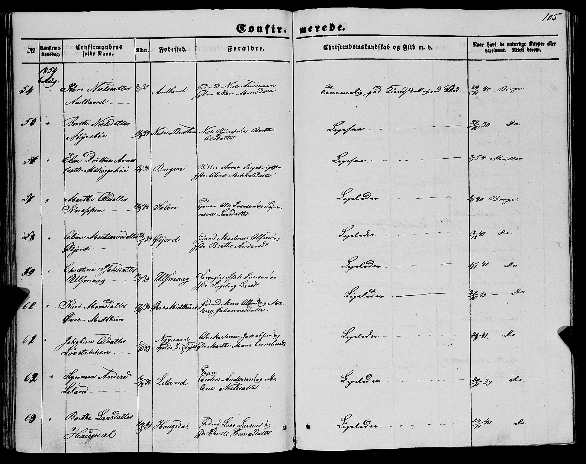 Fana Sokneprestembete, AV/SAB-A-75101/H/Haa/Haaa/L0011: Parish register (official) no. A 11, 1851-1862, p. 105