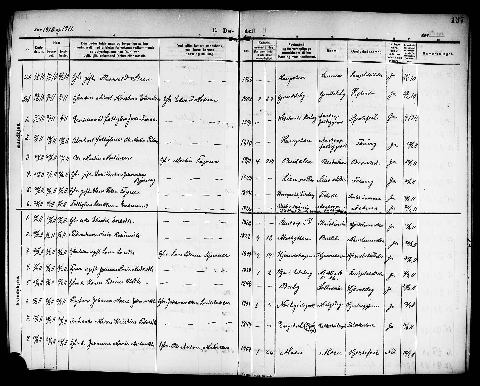 Rakkestad prestekontor Kirkebøker, AV/SAO-A-2008/G/Ga/L0001: Parish register (copy) no. I 1, 1909-1920, p. 137