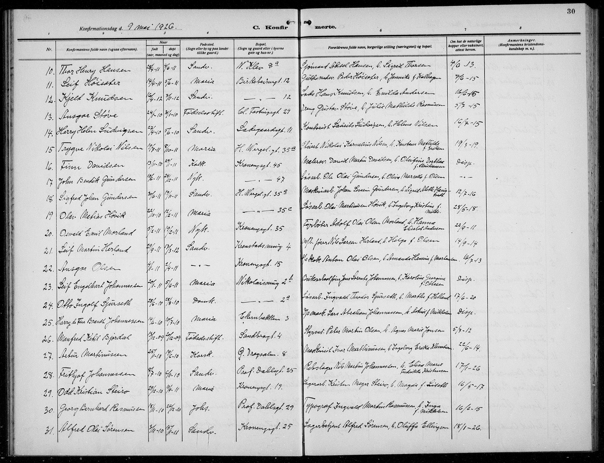 Mariakirken Sokneprestembete, AV/SAB-A-76901/H/Hab/L0010: Parish register (copy) no. A 10, 1920-1937, p. 30