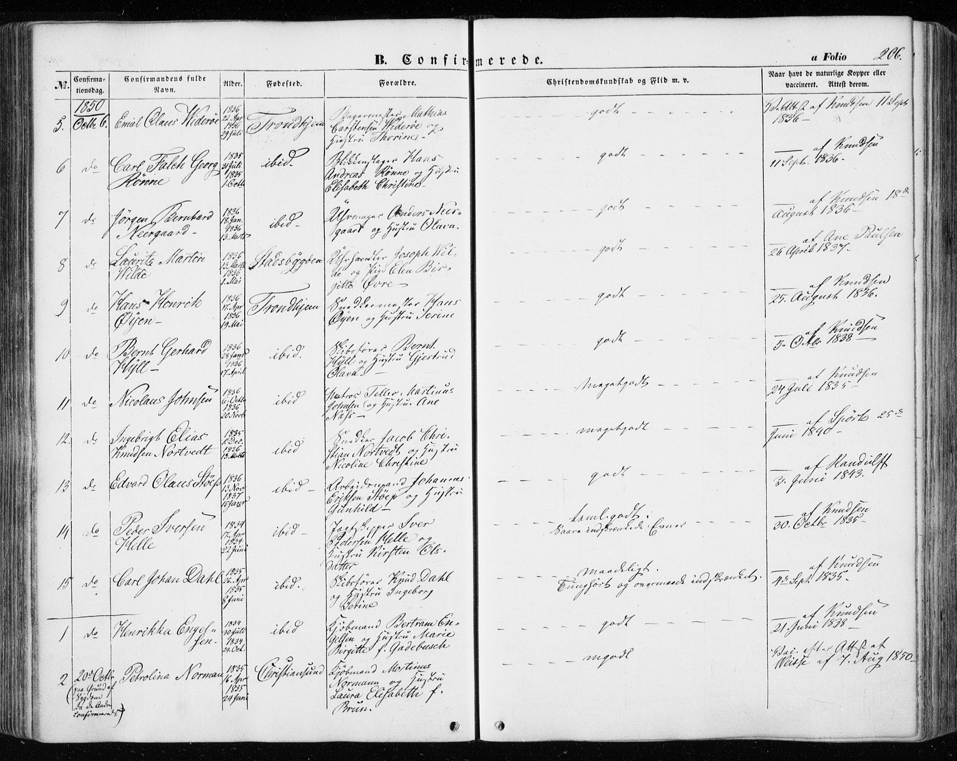 Ministerialprotokoller, klokkerbøker og fødselsregistre - Sør-Trøndelag, SAT/A-1456/601/L0051: Parish register (official) no. 601A19, 1848-1857, p. 206