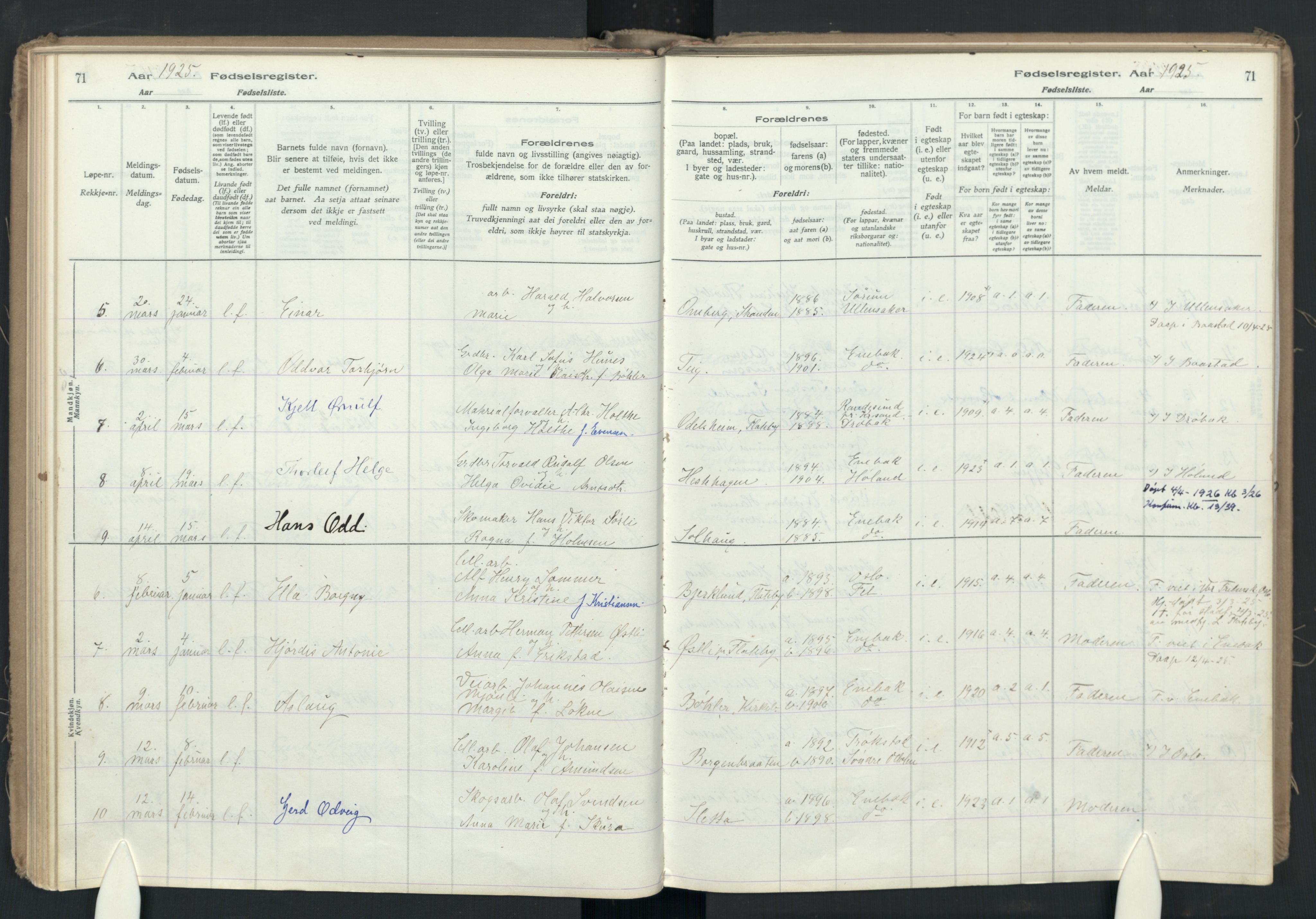 Enebakk prestekontor Kirkebøker, SAO/A-10171c/J/Ja: Birth register no. I 1, 1916-1948, p. 71