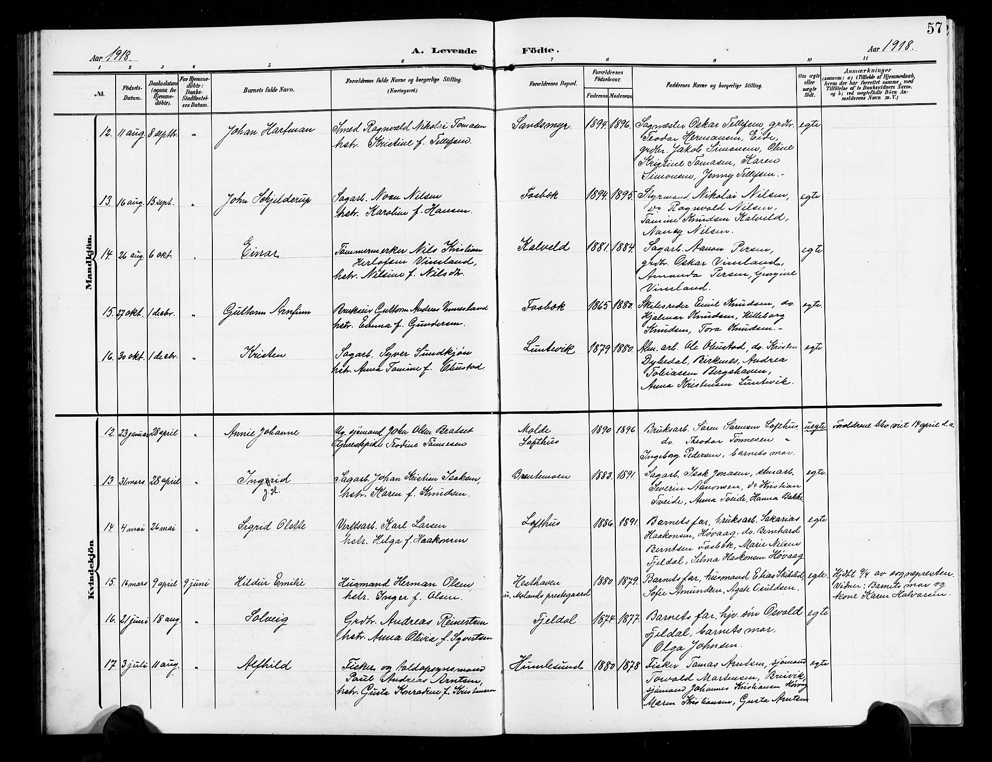 Vestre Moland sokneprestkontor, AV/SAK-1111-0046/F/Fb/Fbb/L0007: Parish register (copy) no. B 7, 1906-1929, p. 57