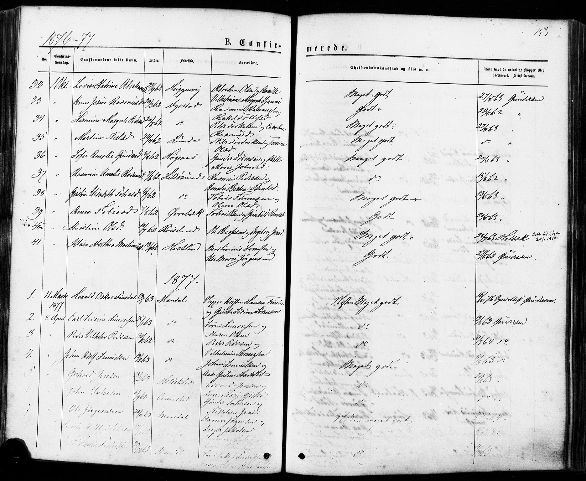 Mandal sokneprestkontor, SAK/1111-0030/F/Fa/Faa/L0015: Parish register (official) no. A 15, 1873-1879, p. 153