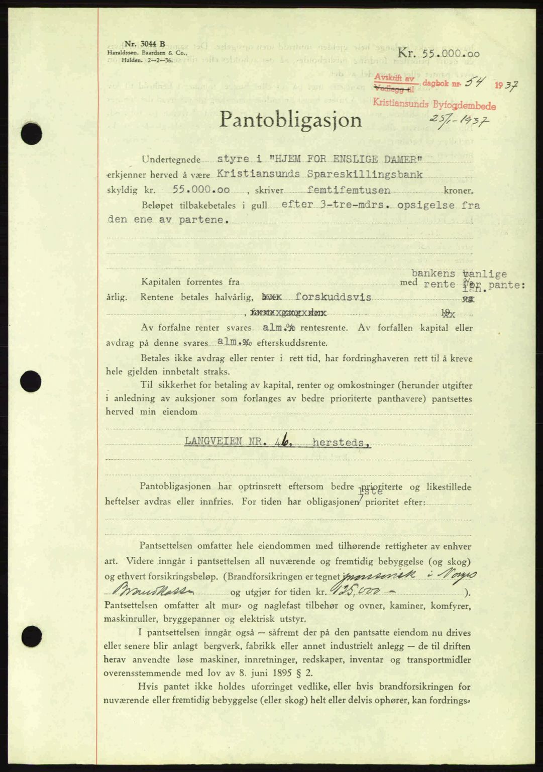 Kristiansund byfogd, AV/SAT-A-4587/A/27: Mortgage book no. 29, 1936-1937, Diary no: : 54/1937