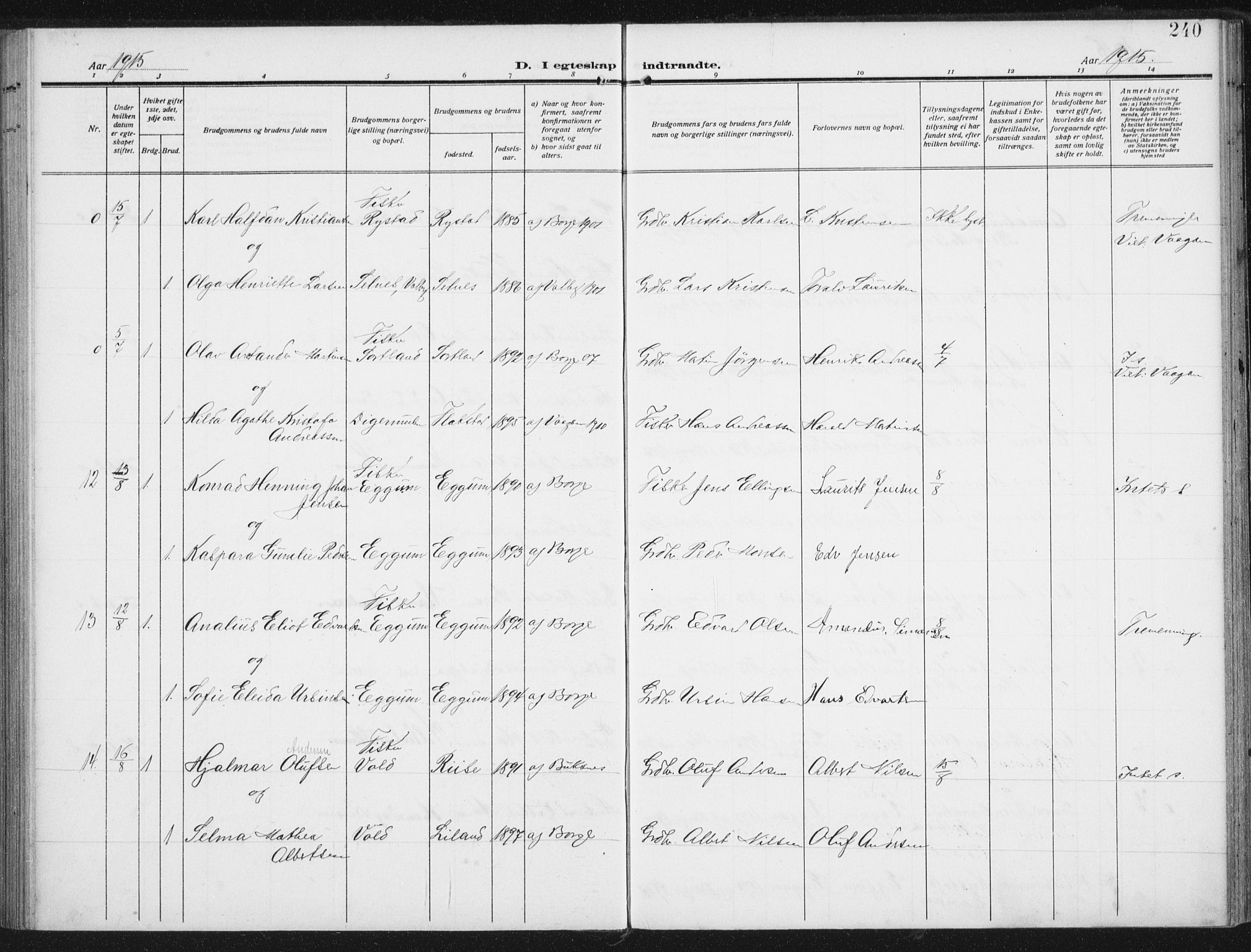 Ministerialprotokoller, klokkerbøker og fødselsregistre - Nordland, AV/SAT-A-1459/880/L1135: Parish register (official) no. 880A09, 1908-1919, p. 240