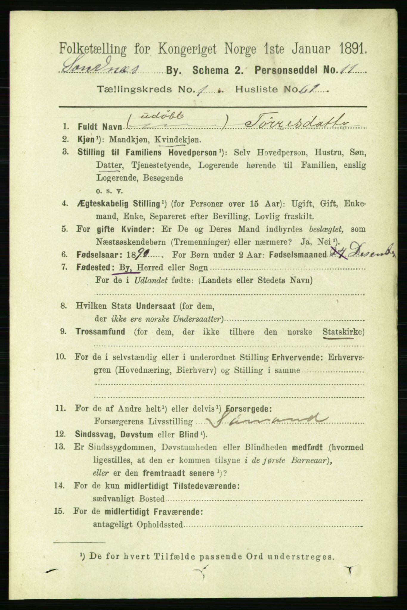 RA, 1891 census for 1102 Sandnes, 1891, p. 931