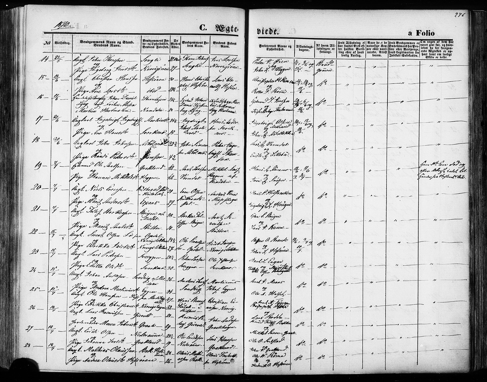 Ministerialprotokoller, klokkerbøker og fødselsregistre - Sør-Trøndelag, SAT/A-1456/668/L0807: Parish register (official) no. 668A07, 1870-1880, p. 276