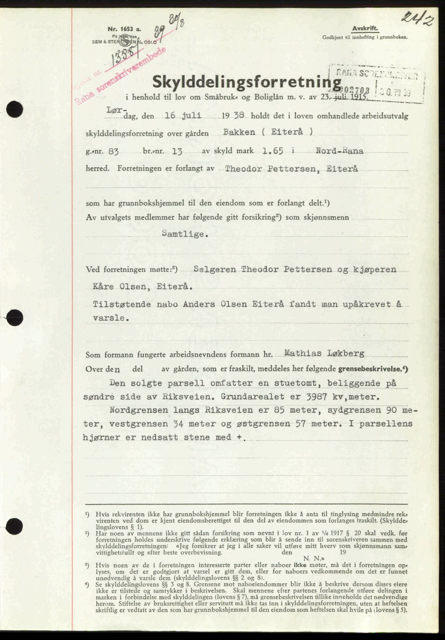 Rana sorenskriveri , SAT/A-1108/1/2/2C: Mortgage book no. A 6, 1939-1940, Diary no: : 1358/1939