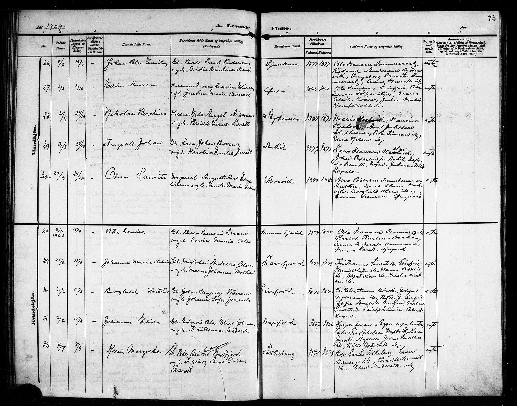 Ministerialprotokoller, klokkerbøker og fødselsregistre - Nordland, AV/SAT-A-1459/854/L0786: Parish register (copy) no. 854C02, 1901-1912, p. 75