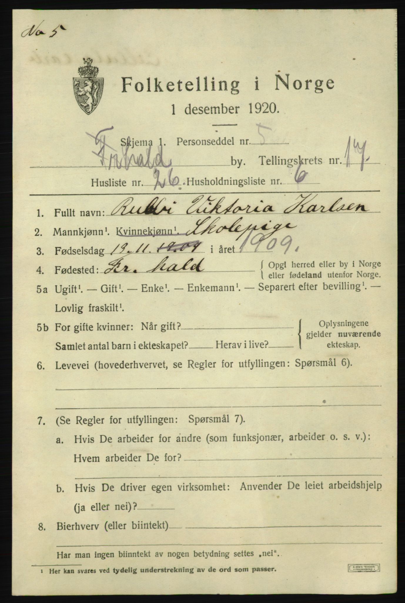 SAO, 1920 census for Fredrikshald, 1920, p. 26522