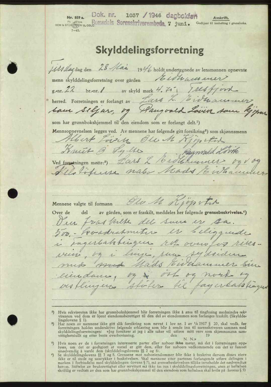 Romsdal sorenskriveri, AV/SAT-A-4149/1/2/2C: Mortgage book no. A20, 1946-1946, Diary no: : 1037/1946