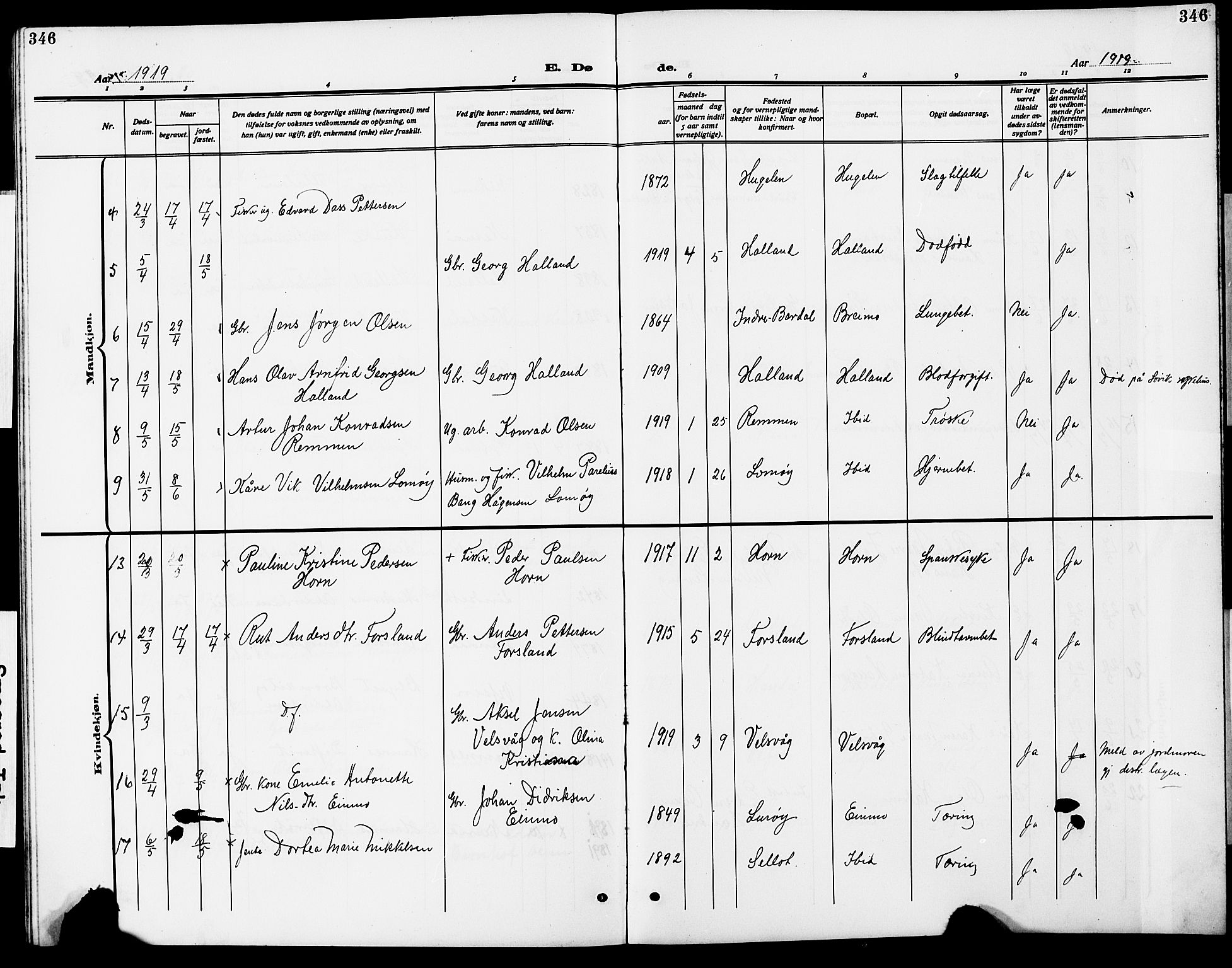 Ministerialprotokoller, klokkerbøker og fødselsregistre - Nordland, AV/SAT-A-1459/838/L0560: Parish register (copy) no. 838C07, 1910-1928, p. 346