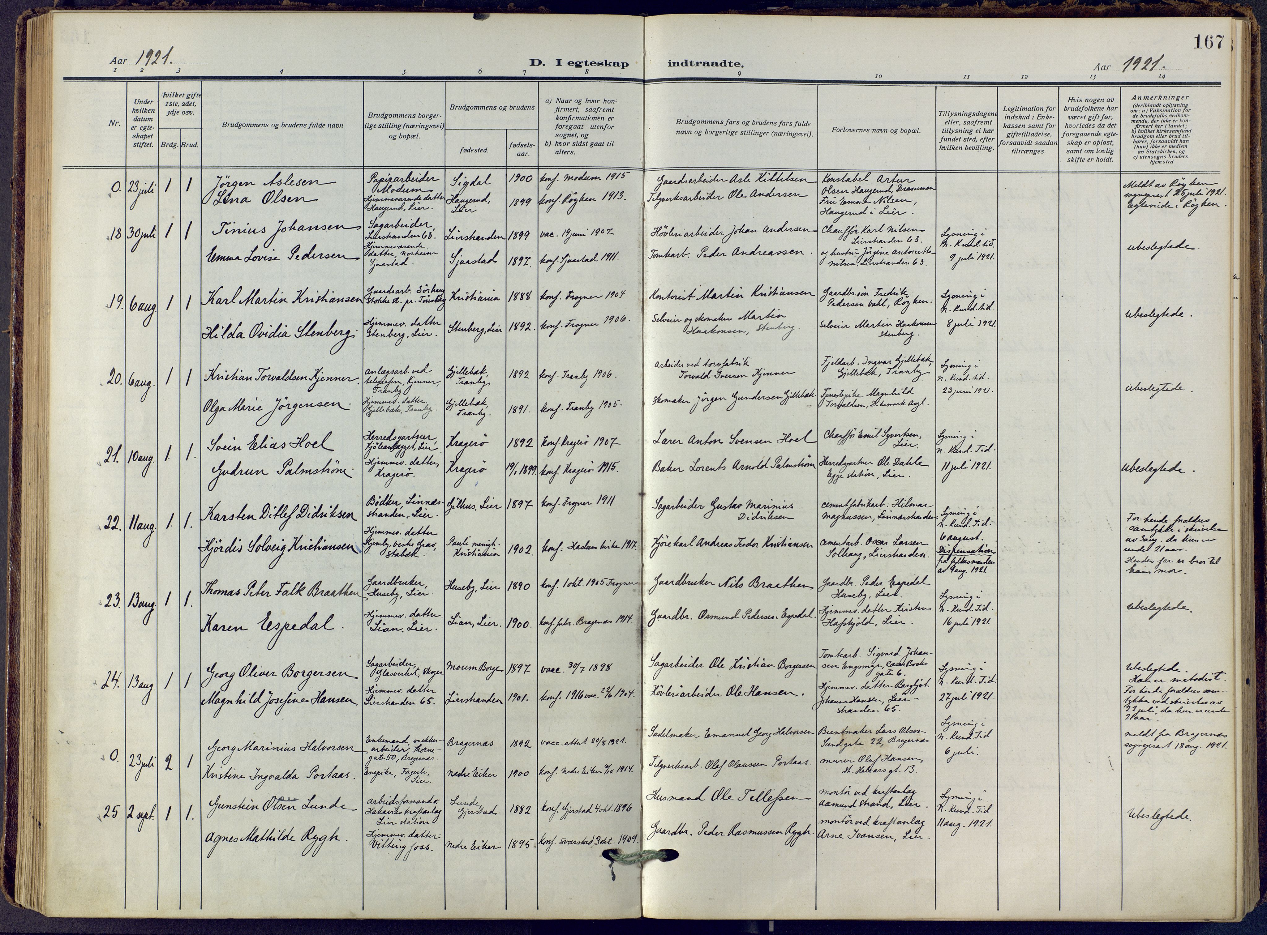 Lier kirkebøker, SAKO/A-230/F/Fa/L0019: Parish register (official) no. I 19, 1918-1928, p. 167