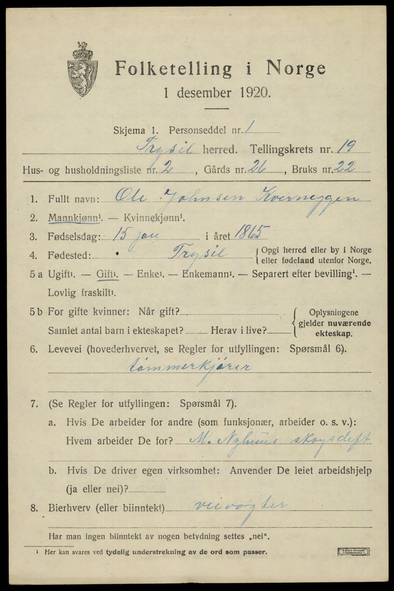 SAH, 1920 census for Trysil, 1920, p. 12735