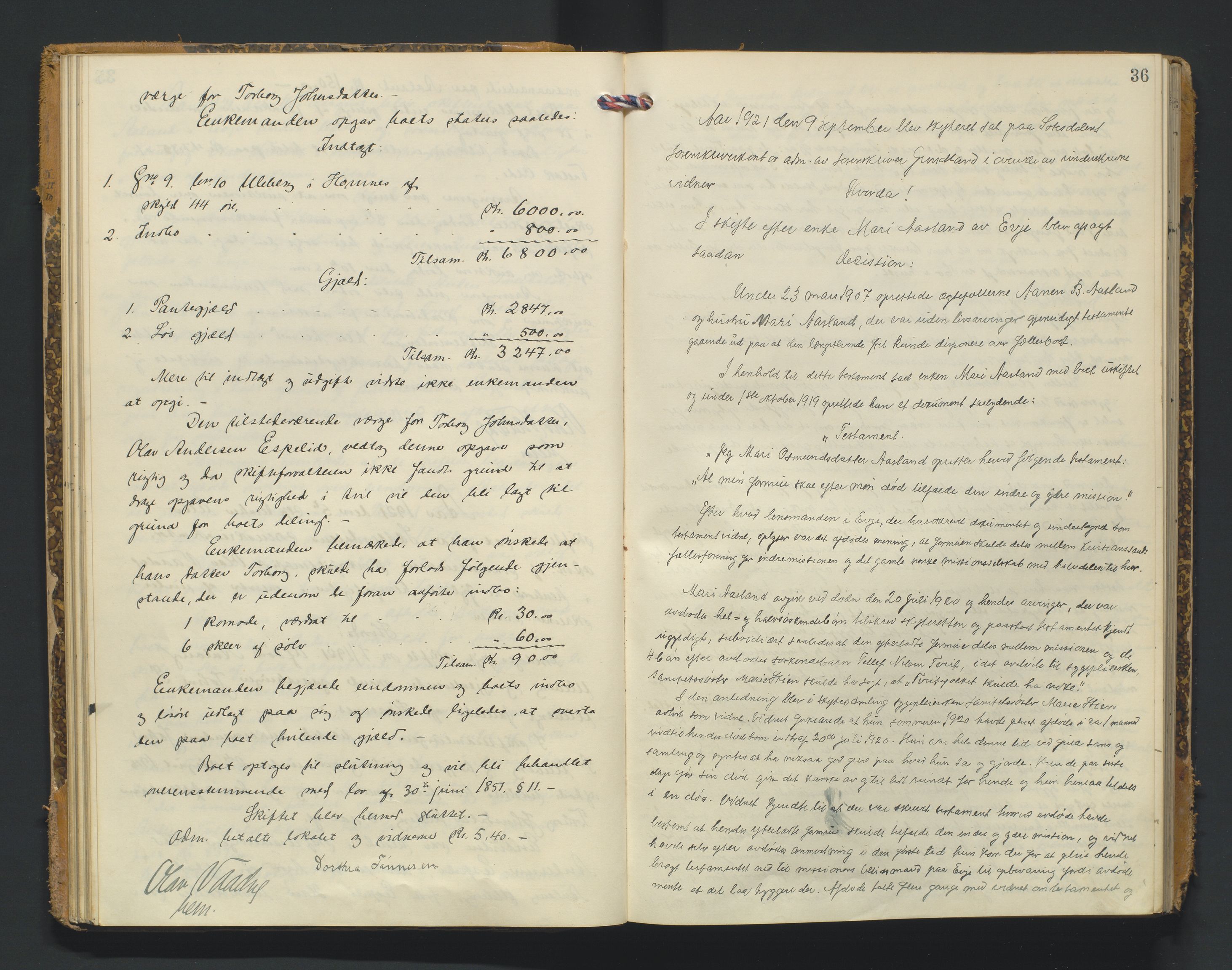 Setesdal sorenskriveri, AV/SAK-1221-0011/H/Hc/L0040: Skifteforhandlingsprotokoll nr 12, 1920-1927, p. 36