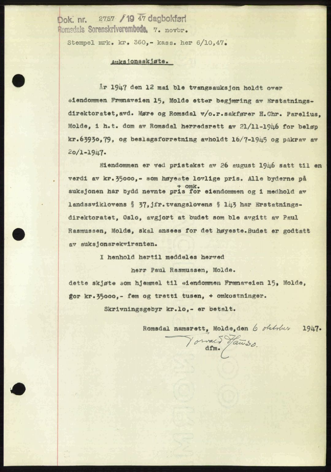 Romsdal sorenskriveri, AV/SAT-A-4149/1/2/2C: Mortgage book no. A24, 1947-1947, Diary no: : 2757/1947