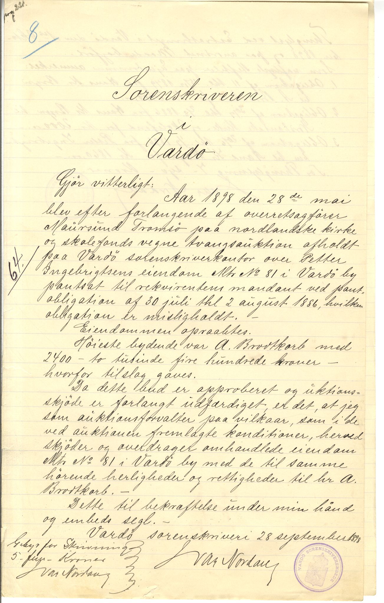 Brodtkorb handel A/S, VAMU/A-0001/Q/Qb/L0001: Skjøter og grunnbrev i Vardø by, 1822-1943, p. 382