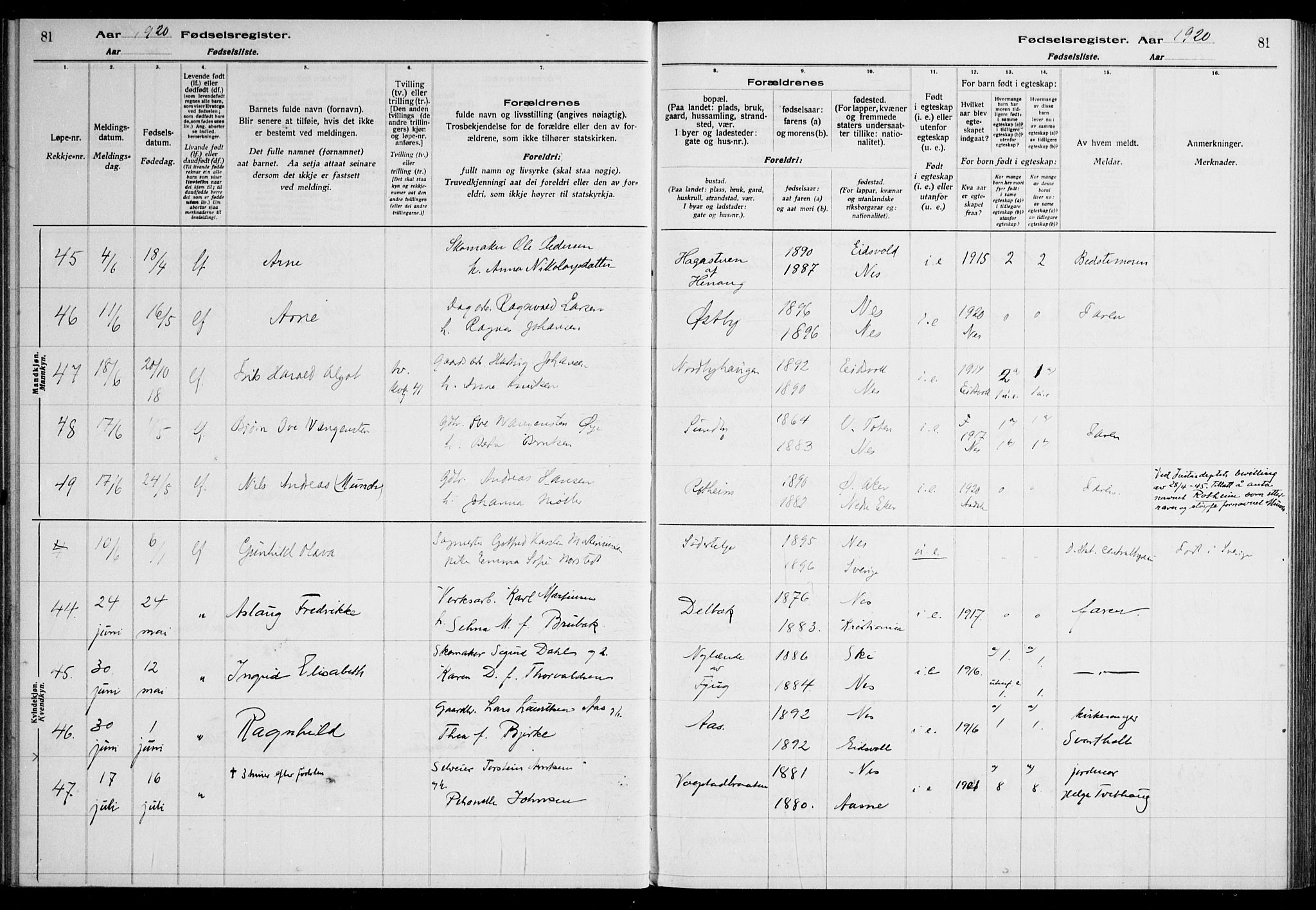 Nes prestekontor Kirkebøker, AV/SAO-A-10410/J/Ja/L0001: Birth register no. 1, 1916-1926, p. 81