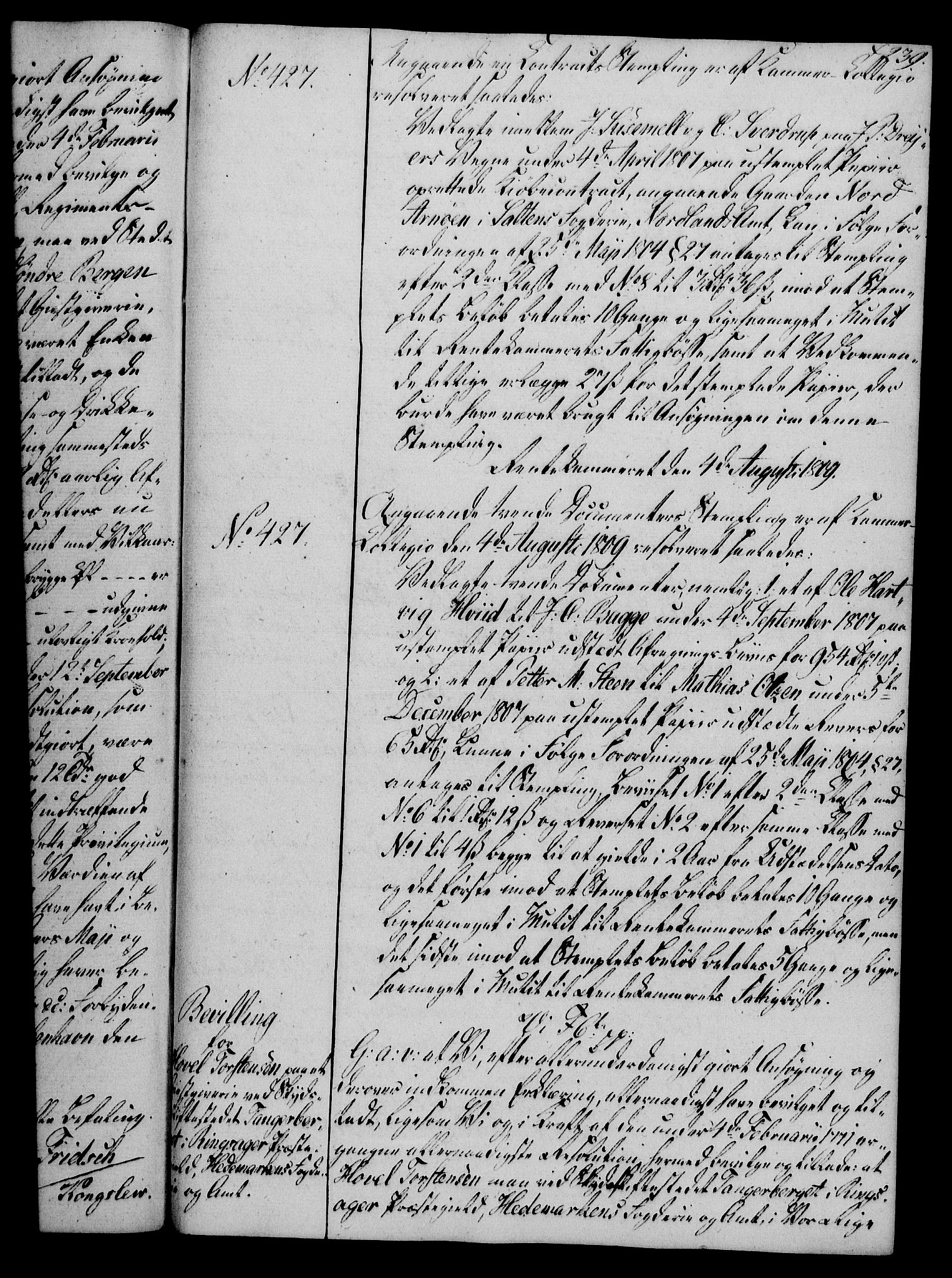 Rentekammeret, Kammerkanselliet, AV/RA-EA-3111/G/Gg/Gga/L0019: Norsk ekspedisjonsprotokoll med register (merket RK 53.19), 1807-1810, p. 239