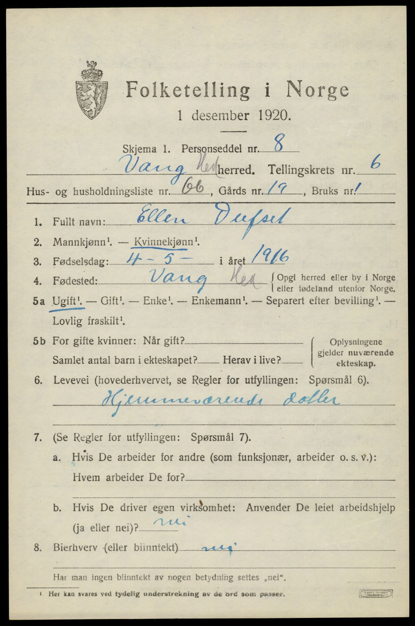 SAH, 1920 census for Vang (Hedmark), 1920, p. 16025