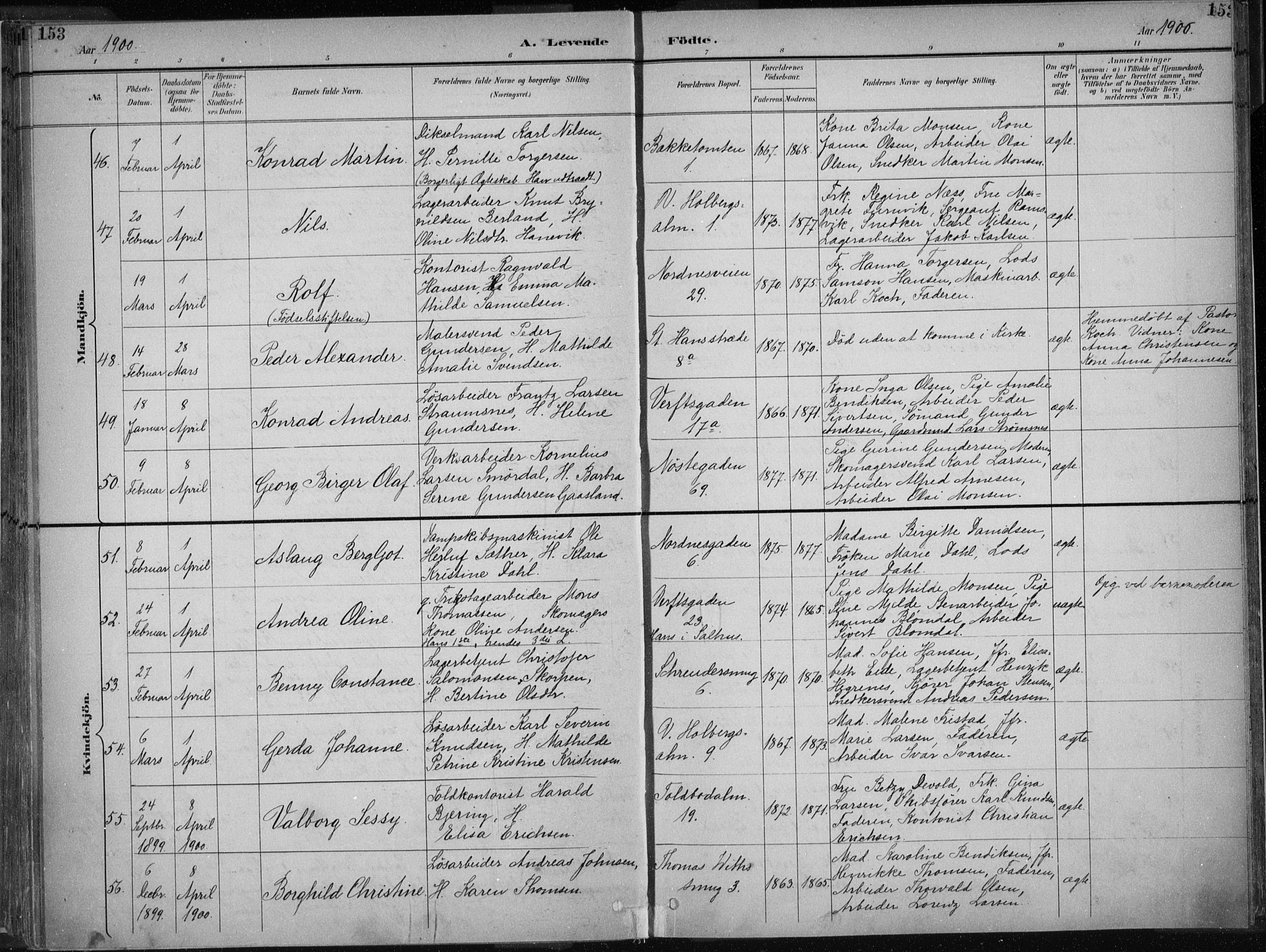 Nykirken Sokneprestembete, AV/SAB-A-77101/H/Haa/L0018: Parish register (official) no. B 6, 1895-1903, p. 153