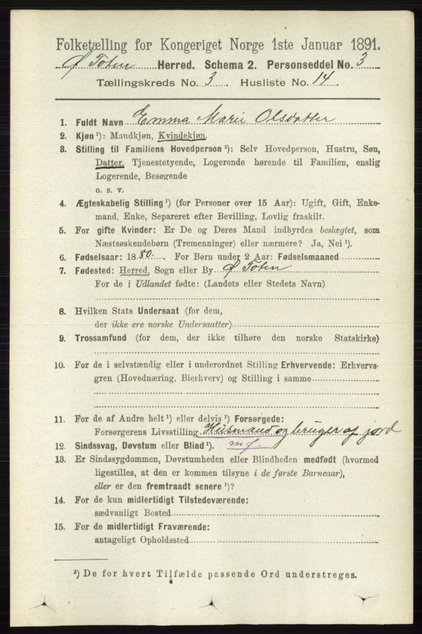 RA, 1891 census for 0528 Østre Toten, 1891, p. 1636