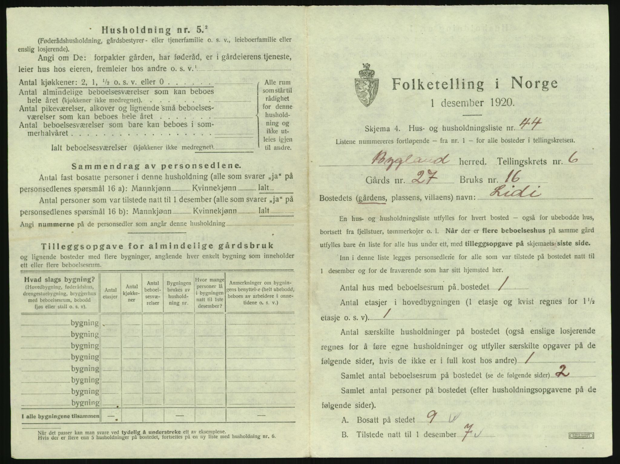 SAK, 1920 census for Bygland, 1920, p. 367