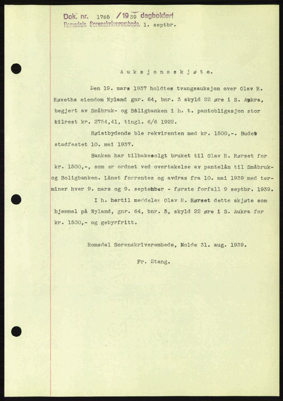 Romsdal sorenskriveri, AV/SAT-A-4149/1/2/2C: Mortgage book no. A7, 1939-1939, Diary no: : 1765/1939
