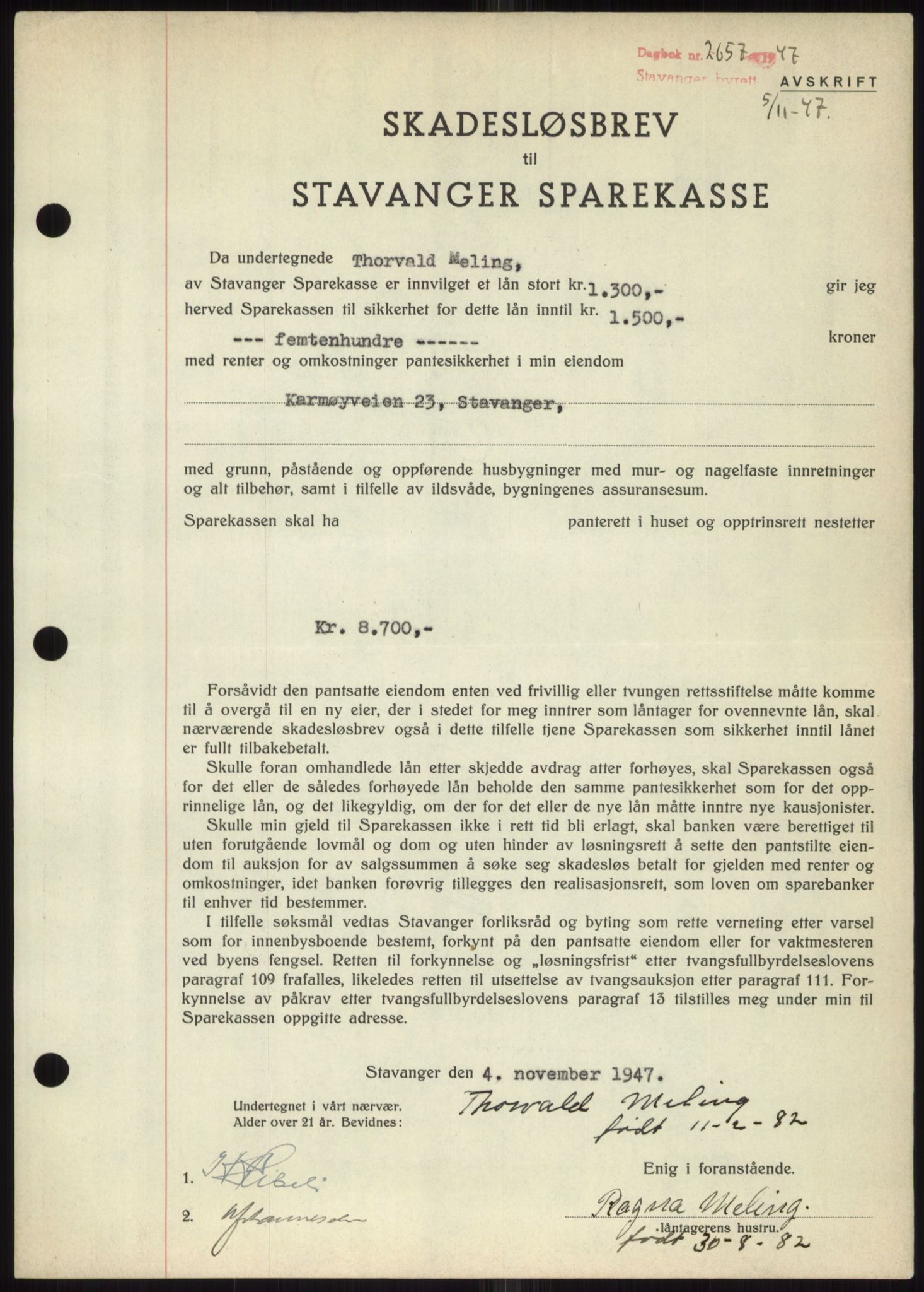 Stavanger byrett, SAST/A-100455/002/G/Gb/L0032: Mortgage book, 1947-1950, Diary no: : 2657/1947
