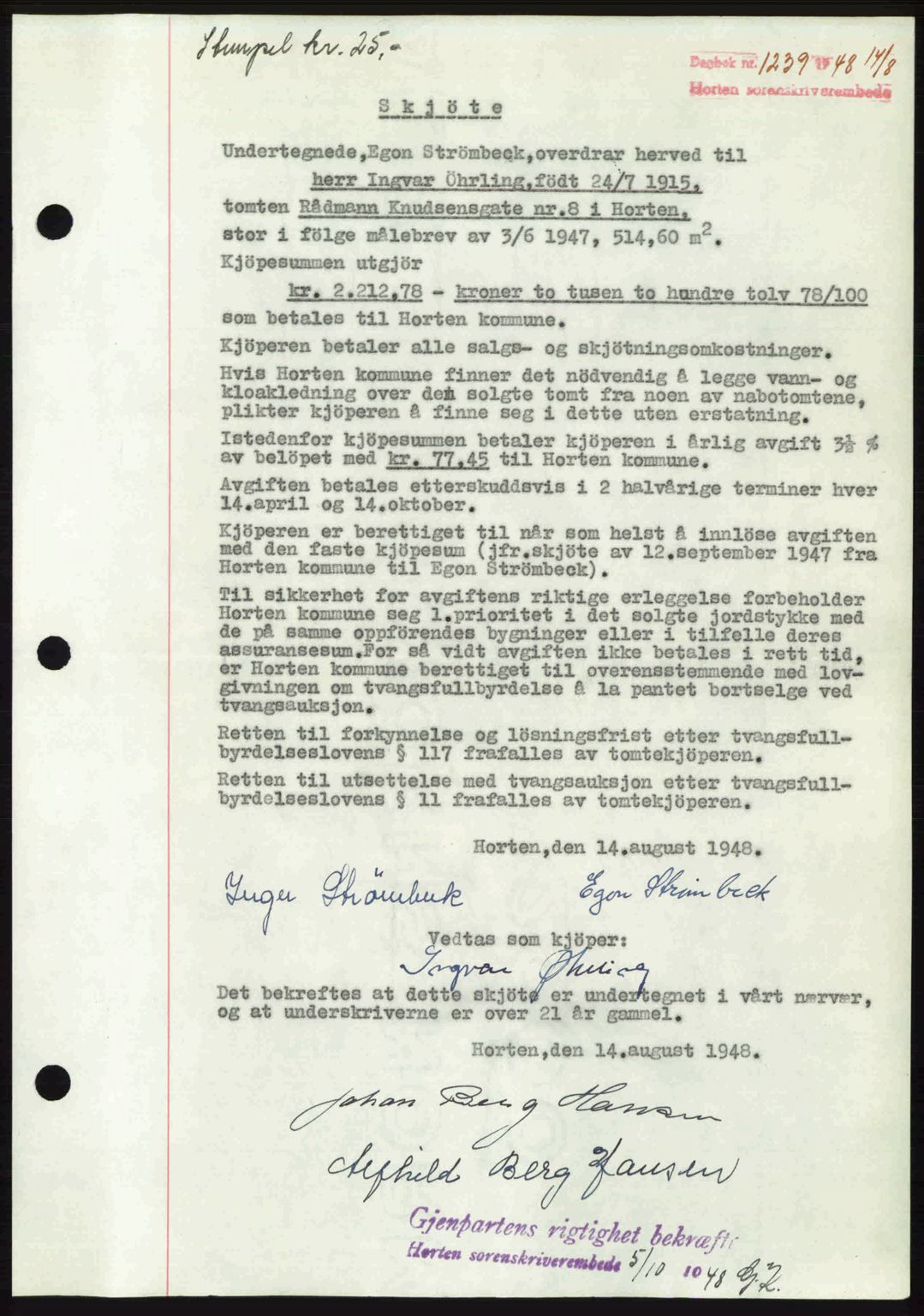 Horten sorenskriveri, AV/SAKO-A-133/G/Ga/Gaa/L0010: Mortgage book no. A-10, 1947-1948, Diary no: : 1239/1948