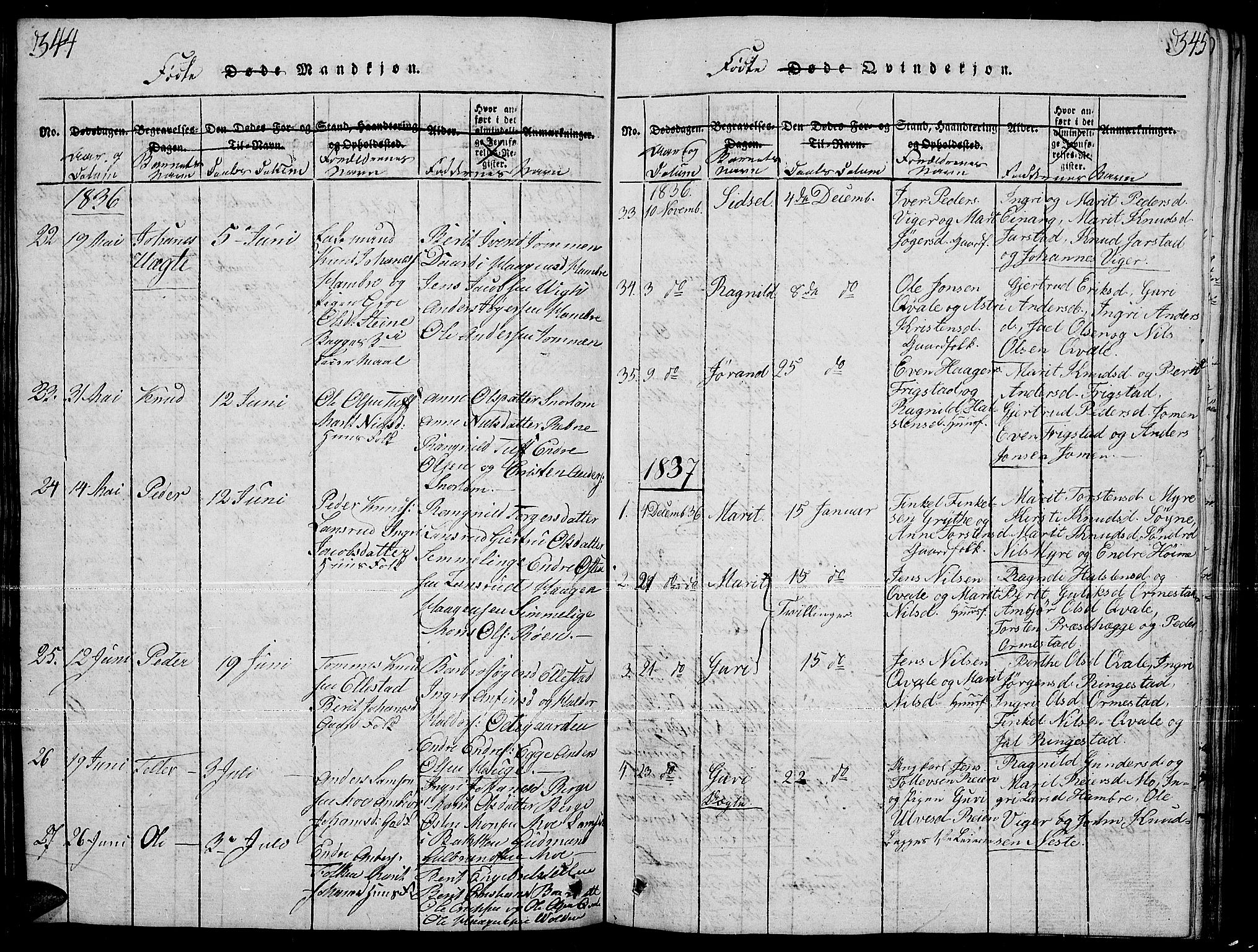 Slidre prestekontor, SAH/PREST-134/H/Ha/Hab/L0001: Parish register (copy) no. 1, 1814-1838, p. 344-345