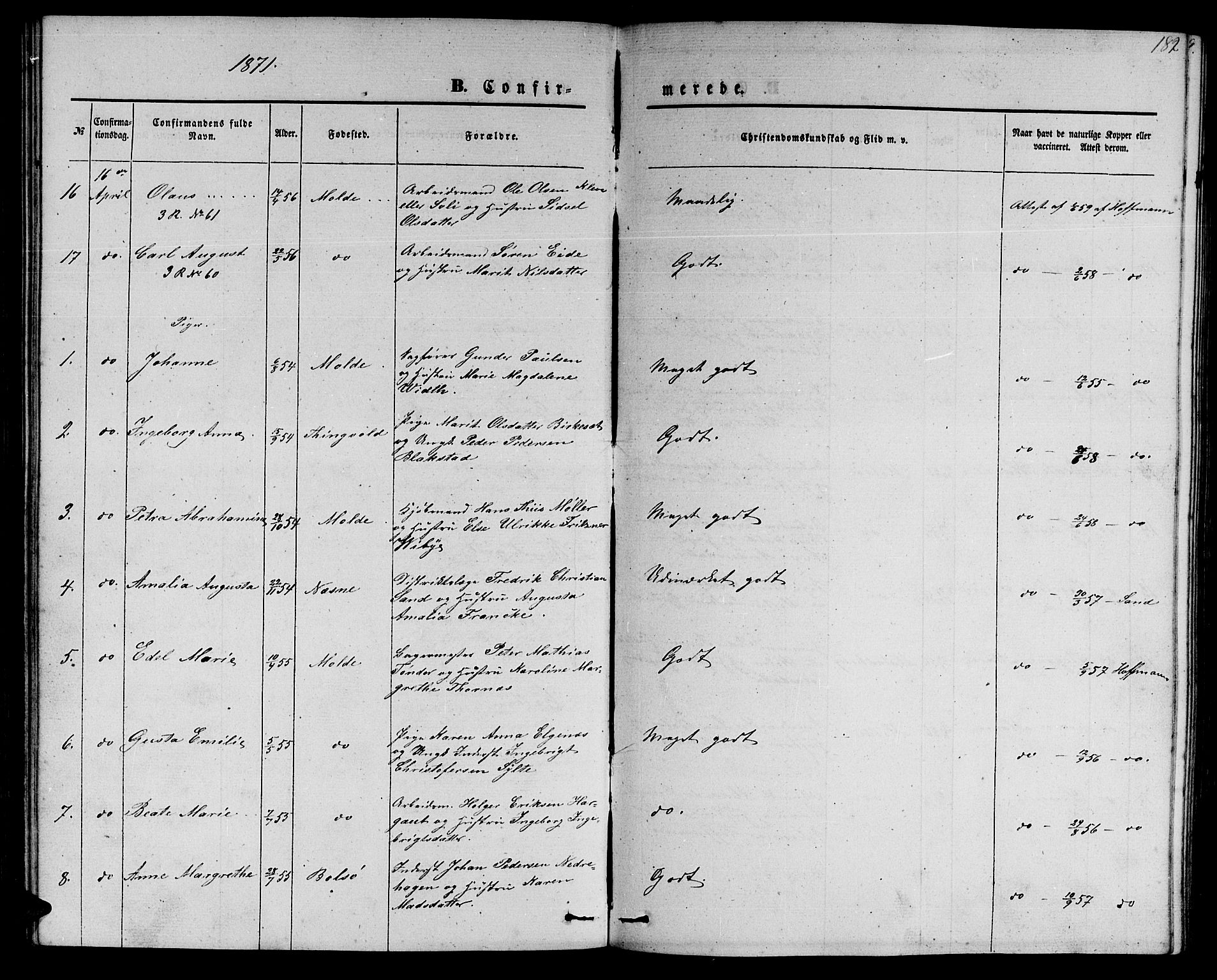 Ministerialprotokoller, klokkerbøker og fødselsregistre - Møre og Romsdal, AV/SAT-A-1454/558/L0701: Parish register (copy) no. 558C02, 1862-1879, p. 182