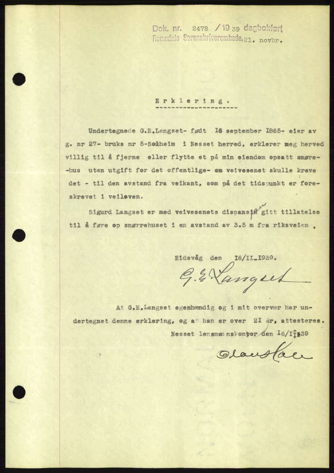 Romsdal sorenskriveri, AV/SAT-A-4149/1/2/2C: Mortgage book no. A7, 1939-1939, Diary no: : 2478/1939