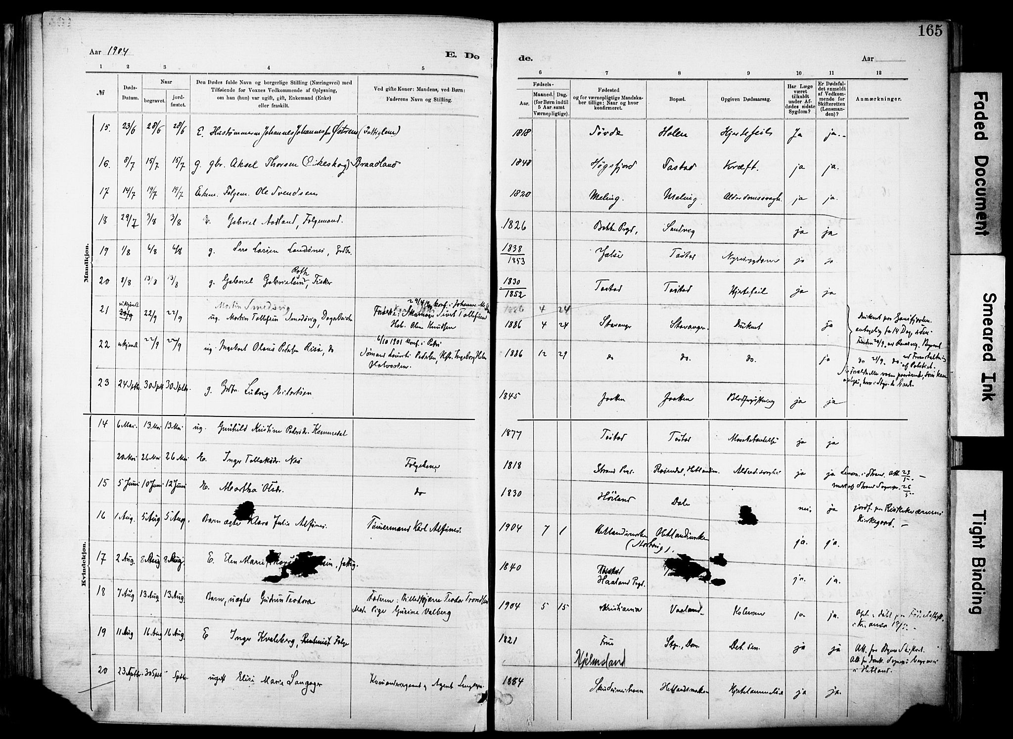 Hetland sokneprestkontor, SAST/A-101826/30/30BA/L0012: Parish register (official) no. A 12, 1882-1912, p. 165