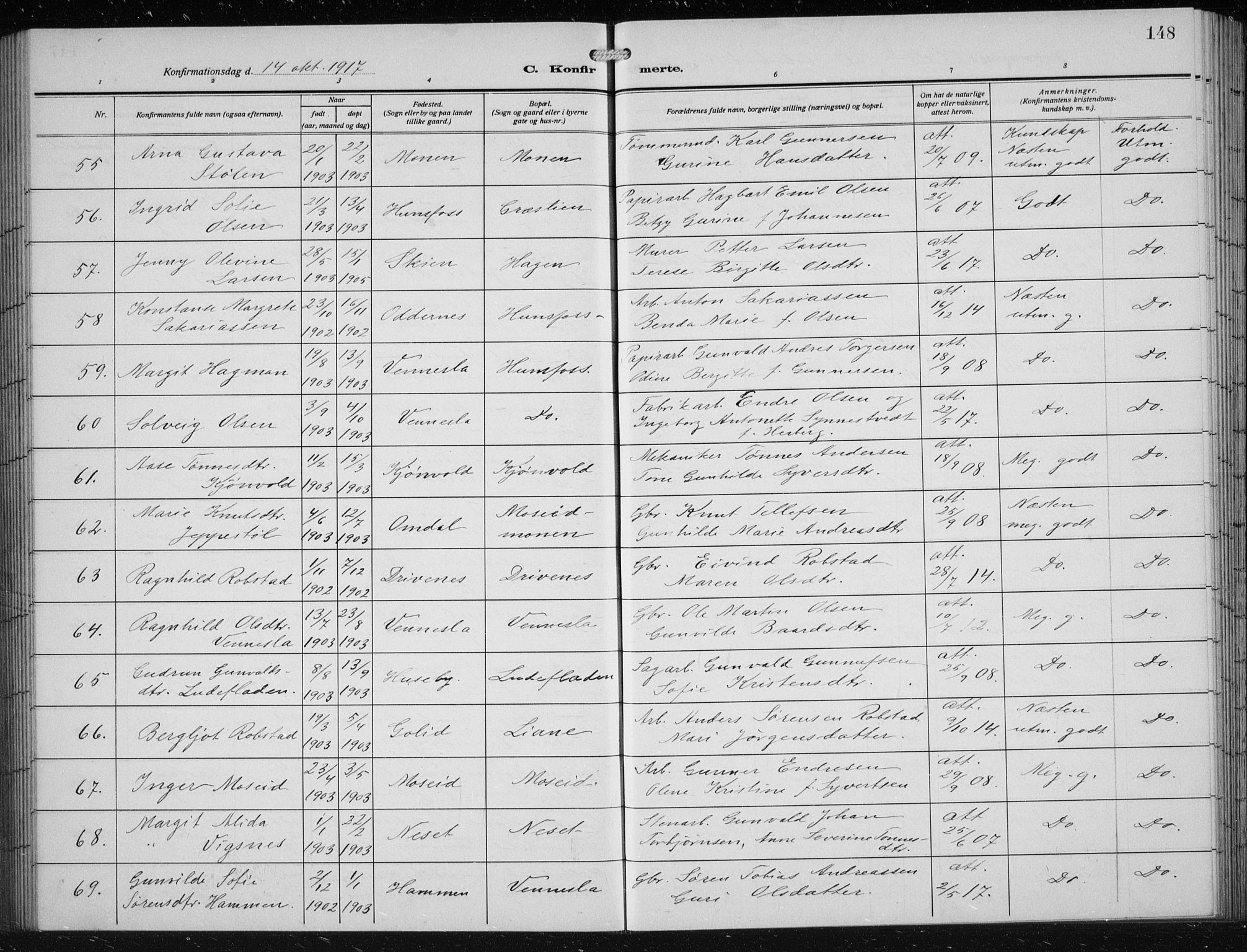 Vennesla sokneprestkontor, SAK/1111-0045/Fb/Fbb/L0006: Parish register (copy) no. B 6, 1914-1921, p. 148
