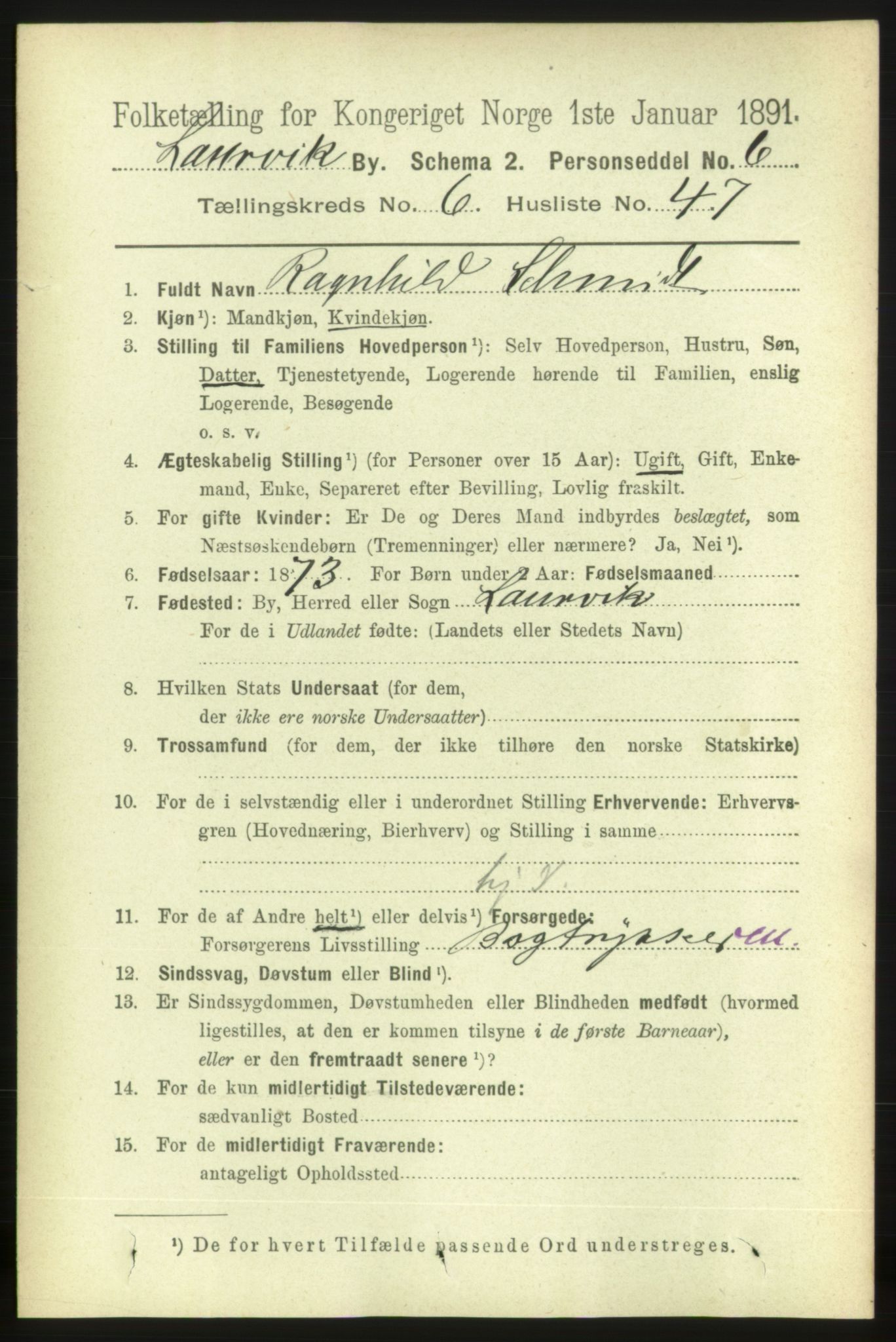 RA, 1891 census for 0707 Larvik, 1891, p. 7137