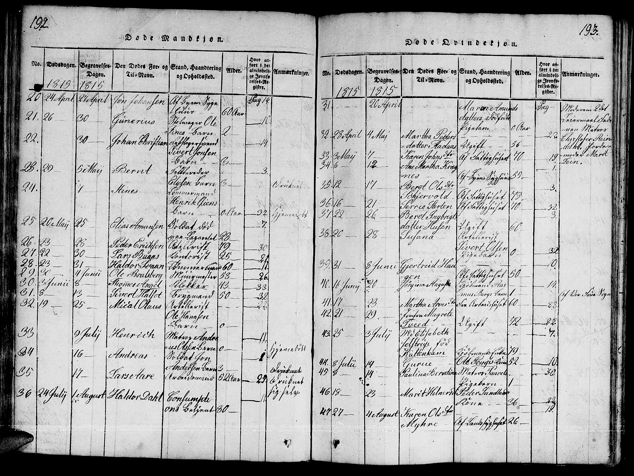 Ministerialprotokoller, klokkerbøker og fødselsregistre - Sør-Trøndelag, AV/SAT-A-1456/601/L0043: Parish register (official) no. 601A11, 1815-1821, p. 192-193