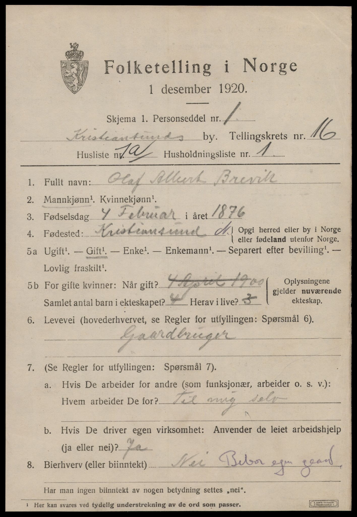 SAT, 1920 census for Kristiansund, 1920, p. 33829