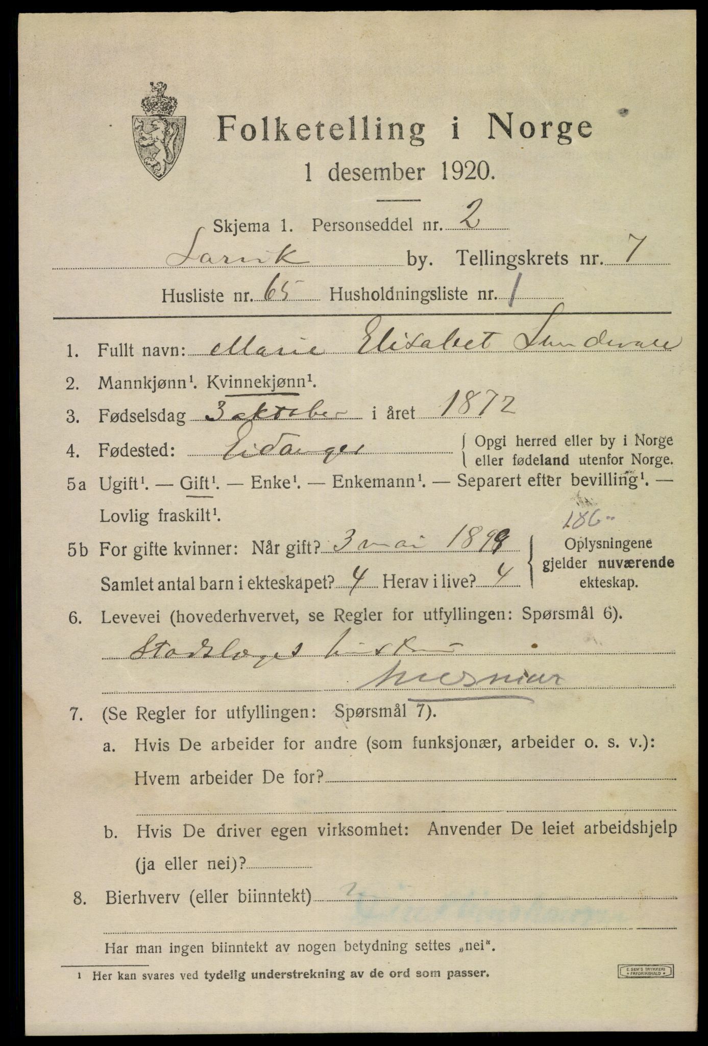 SAKO, 1920 census for Larvik, 1920, p. 21660